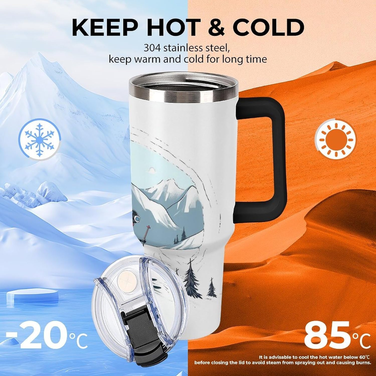 Skiing Theme Travel Coffee Mug Reusable Durable Stainless Steel Insulated Tumbler with Handle And Straw Leak Resistant Portable Thermal Cup Gifts for Men Women 40 Oz