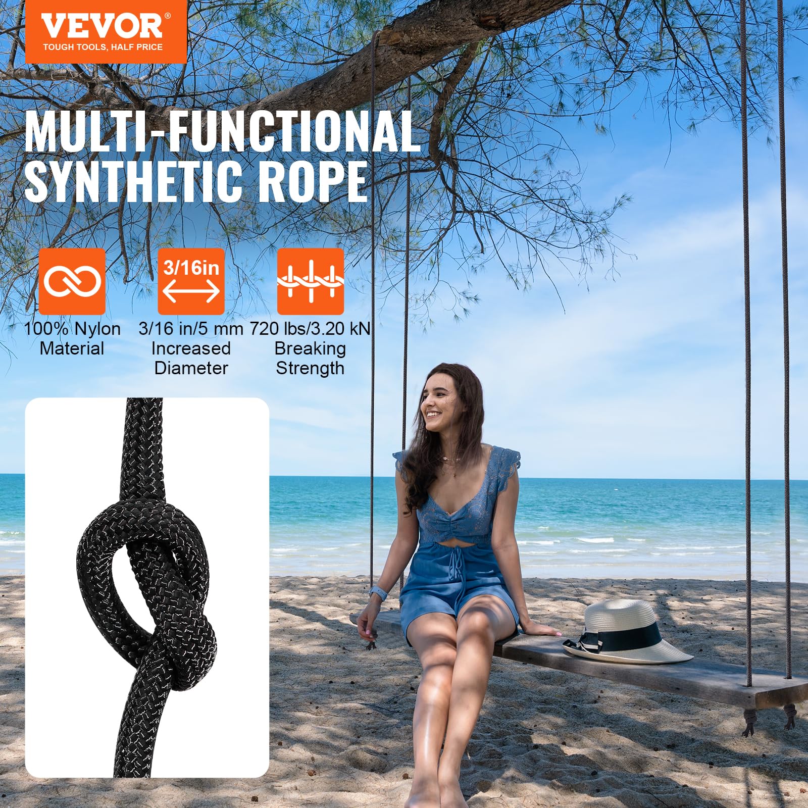 VEVOR Corde en Nylon tressé 5 mm x 76,2 m résistance 3,20 KN randonnée Camping balançoire