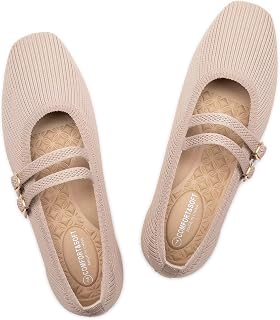 Women's Flats Square Toe Mary Jane Shoes Ballet Flats with Strap Comfortable Slip On Knit Shoes Dressy Casual