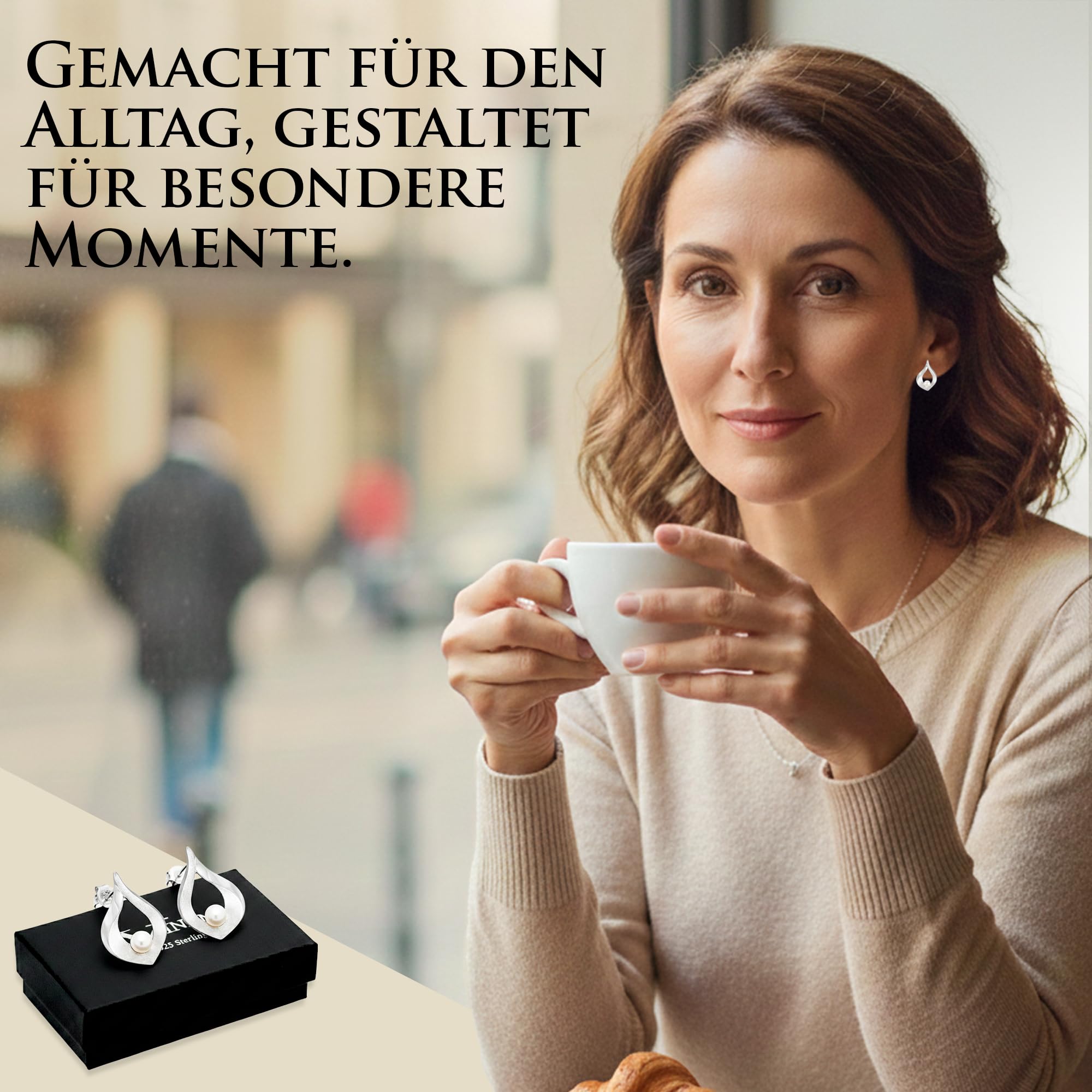 Vinani Damen Ohrstecker 925 Silber - Oval gebürstet glänzend Perle - Ohrringe aus 925 Sterling Silber für Frauen - OFMP
