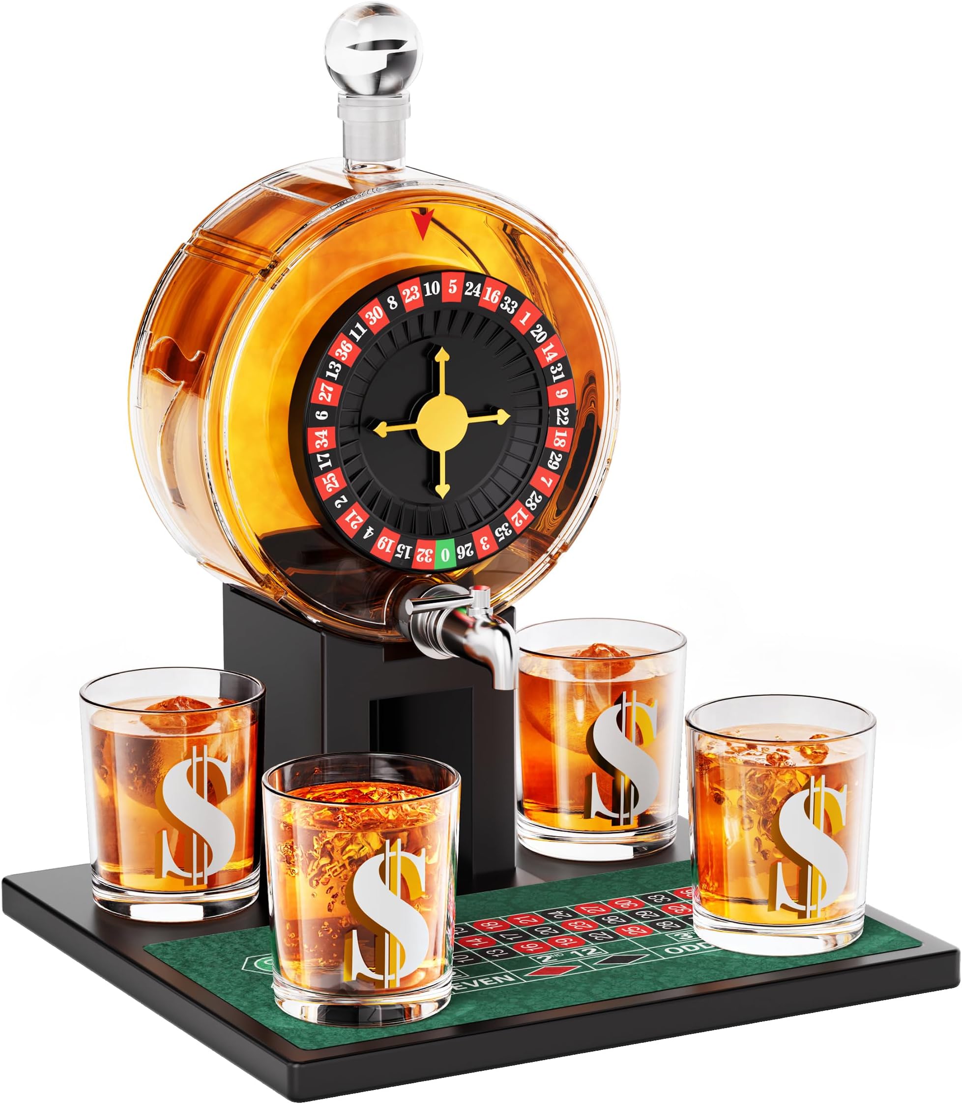 Kollea Roulette Whiskey Decanter Set, 60.9 Oz Casino-Style Slot Decanter with 4 Dollar Glasses, New Year Birthday Gifts for Men Dad, Him, Liquor Dispenser for Anniversary, Bar, Poker Night, Men Cave