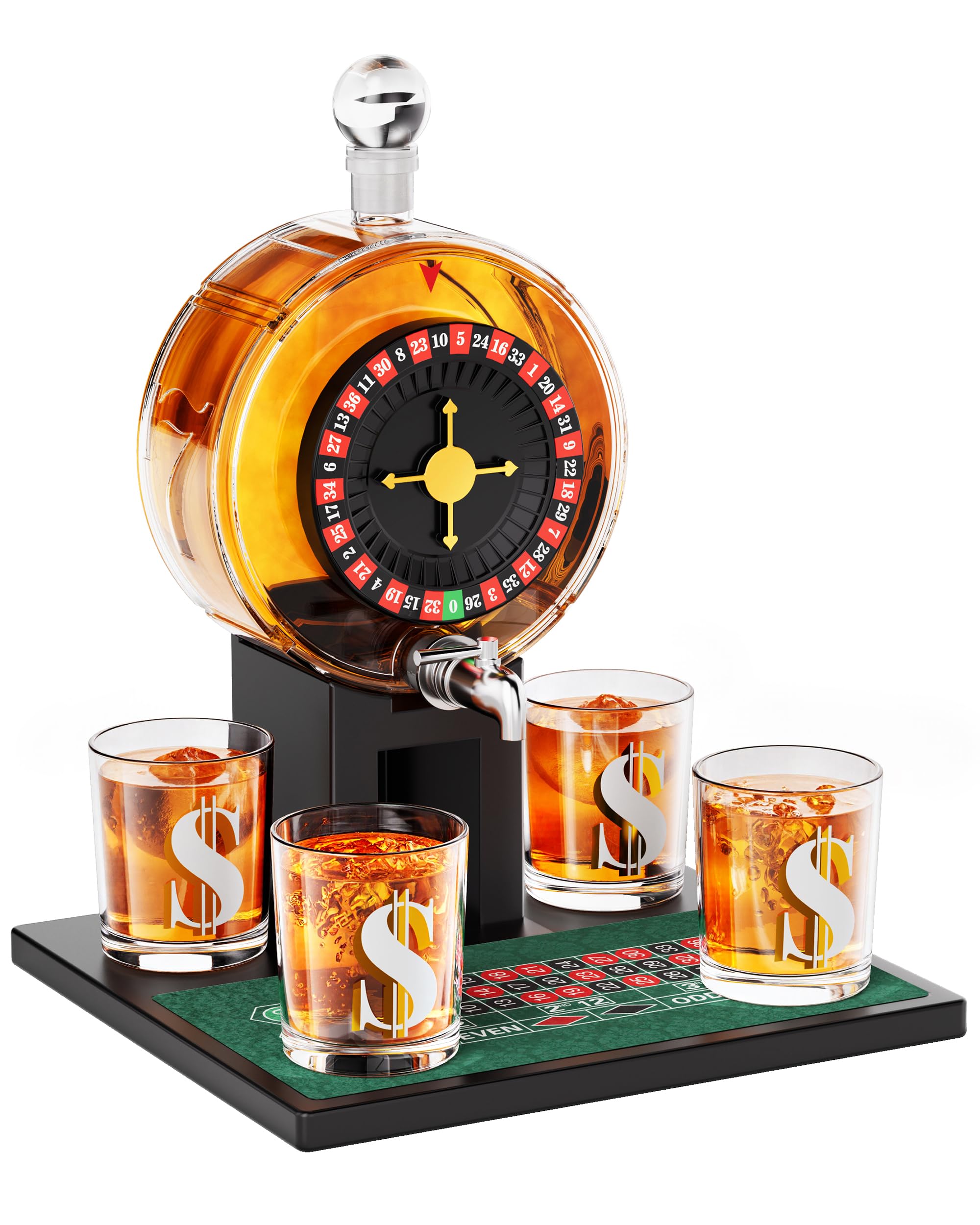 KolleaRoulette Whiskey Decanter Set, 60.9 Oz Casino-Style Slot Decanter with 4 Dollar Glasses, Fathers Birthday Gifts for Men Dad, Him, Liquor Dispenser for Anniversary, Bar, Poker Night, Men Cave
