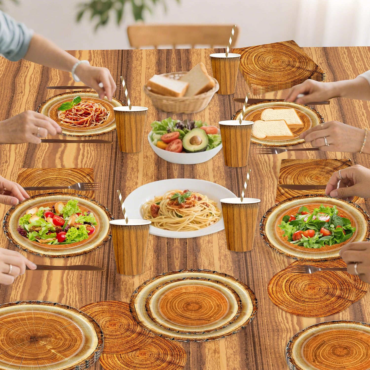 141pcs Camping Wood Grain Slice Party Disposable Tableware set Includes Dinner Plate Dessert Plate Paper Napkin Cup Knife Fork Straws Tablecloth Fire Camping Woodland Animal Lumberjack Supplies set