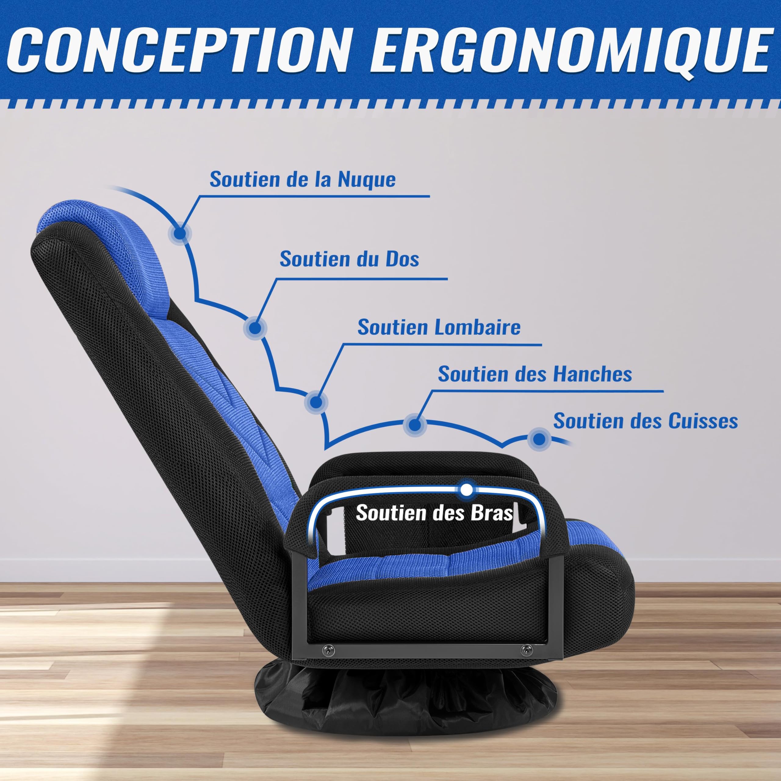Yaheetech Chaise Gaming au Sol avec Dossier Pliable à 6 Positions Réglables et Support Lombaire, Fauteuil Gaming Pivotant à 360° avec Accoudoirs, pour Adultes, Adolescentes, Enfants, Noir/Bleu