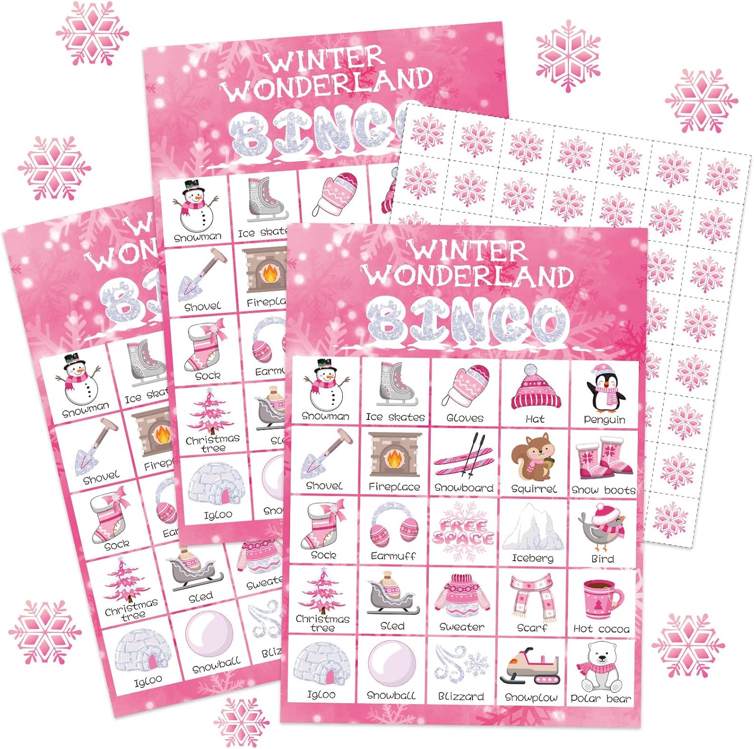 Liliful 35 Pcs Winter Bingo Games Christmas Bingo for Adult Boy Girl 24 Players Winter Card Set Christmas Party Games for Teens School Family Holiday Party Favor (Pink)