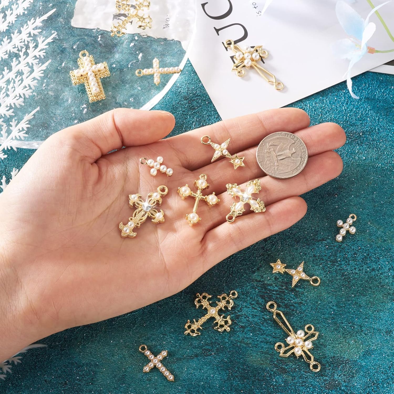 Cheriswelry 18Pcs Cross Metal Charms Light Gold Pearl Rhinestone Pendants Alloy Hanging Ornament 16-39mm 9 Styles for DIY Necklace Bracelet Earring Jewelry Making - Image 4