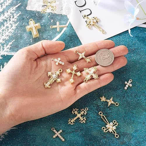 Miniatura 4 de Cheriswelry 18 dijes de metal con forma de cruz y perlas de oro claro, adornos colgantes de aleación de 0.630-1.535 in, 9 estilos para hacer