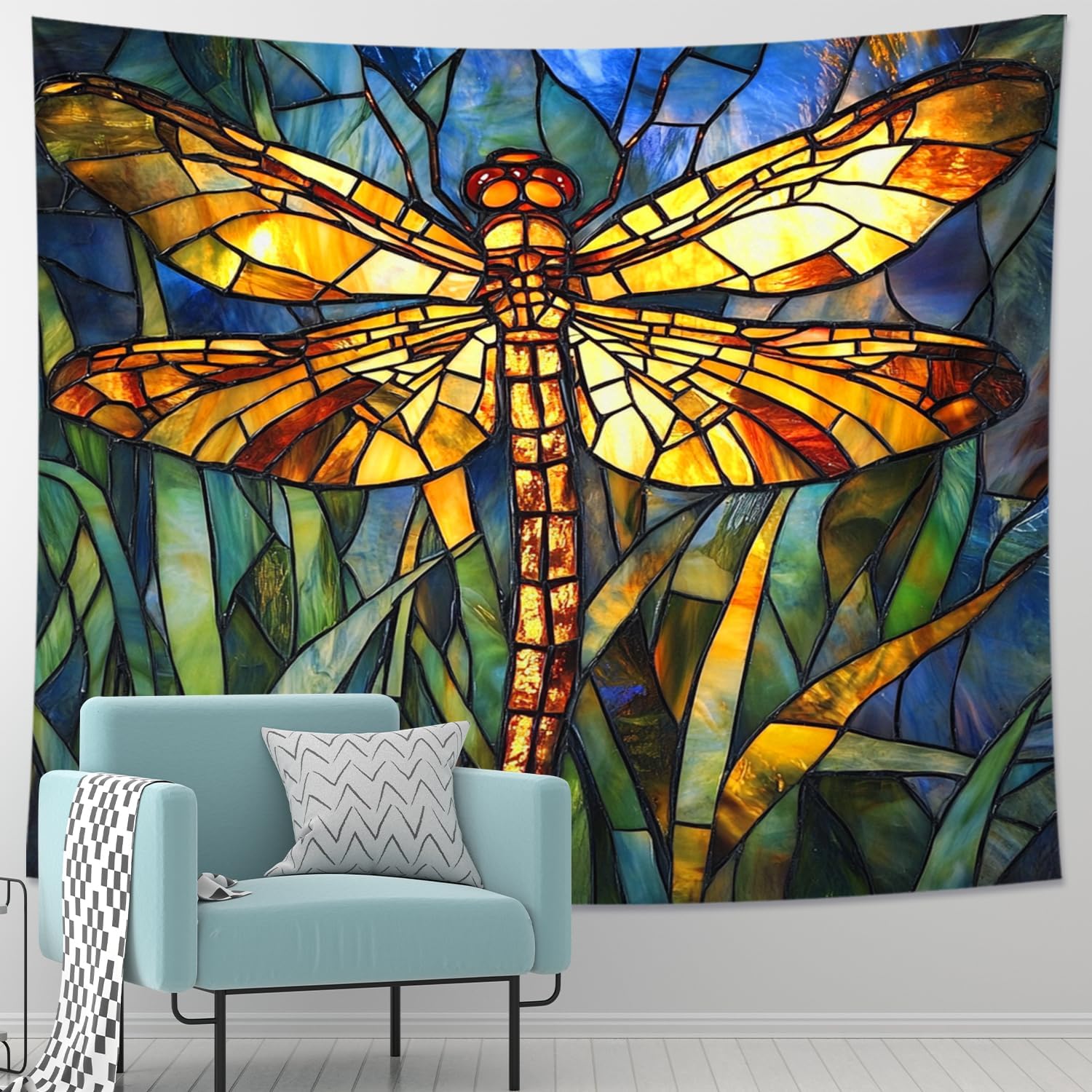 Dragonfly Stained Glass Tapestry, Yellow Orange Wall