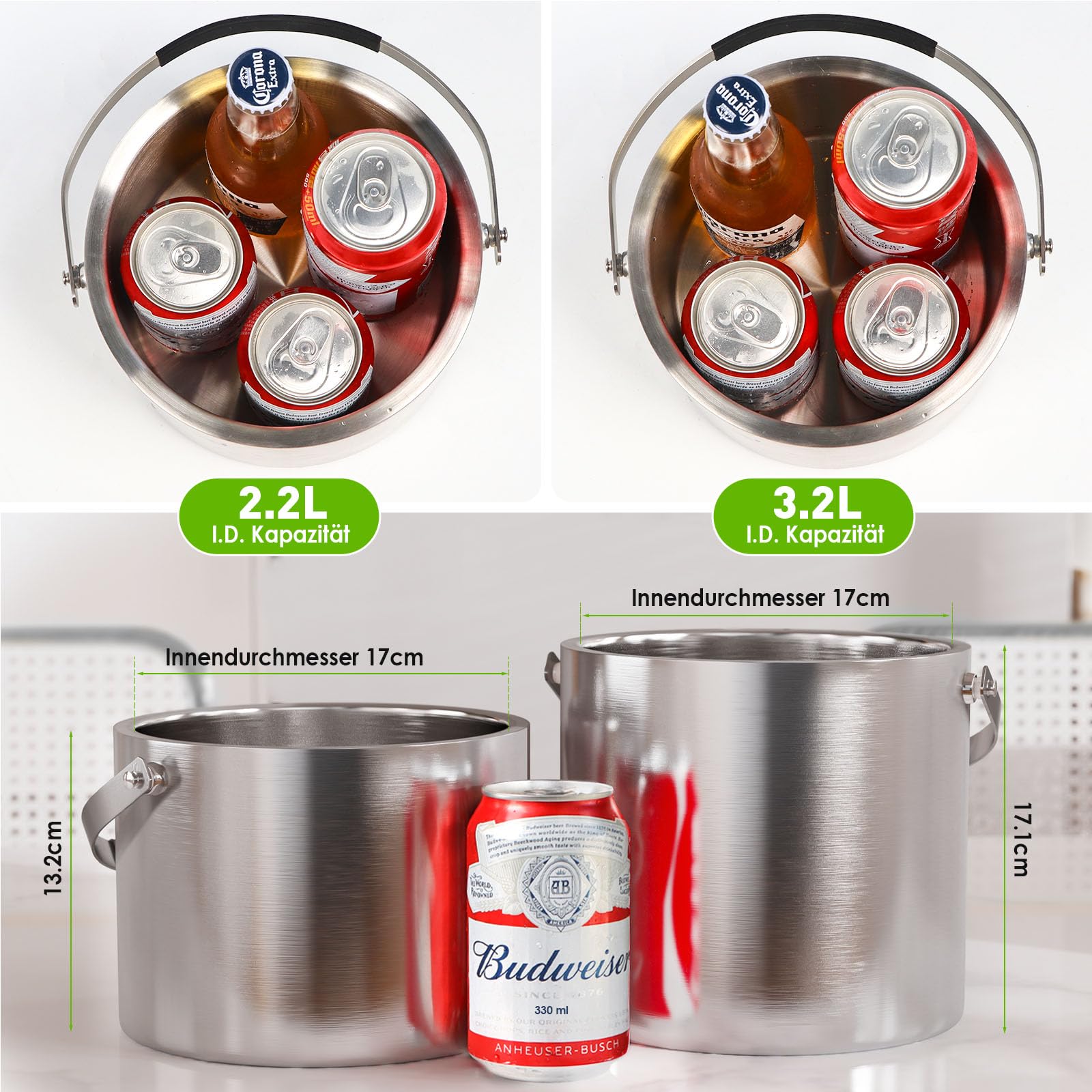 3,2 L Eiswürfelbehälter mit Deckel und Zange，Doppelwandig Isoliert Edelstahl Eiswürfelbehälter für Wein ，Premium Eiseimer für Eiswürfel, Eiskübel für die Eiswürfel Aufbewahrung