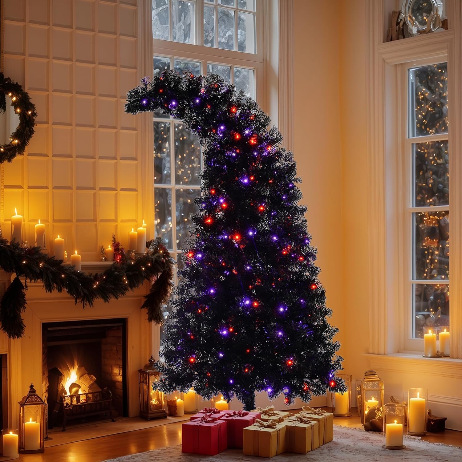 6FT Black Pre-Lit Artificial Christmas Tree with LED Light, Bendable Christmas Curved Shape Artificial Whimsical Xmas Tree with 900 Tips, Christmas Tree for Seasonal Holiday Party Decoration