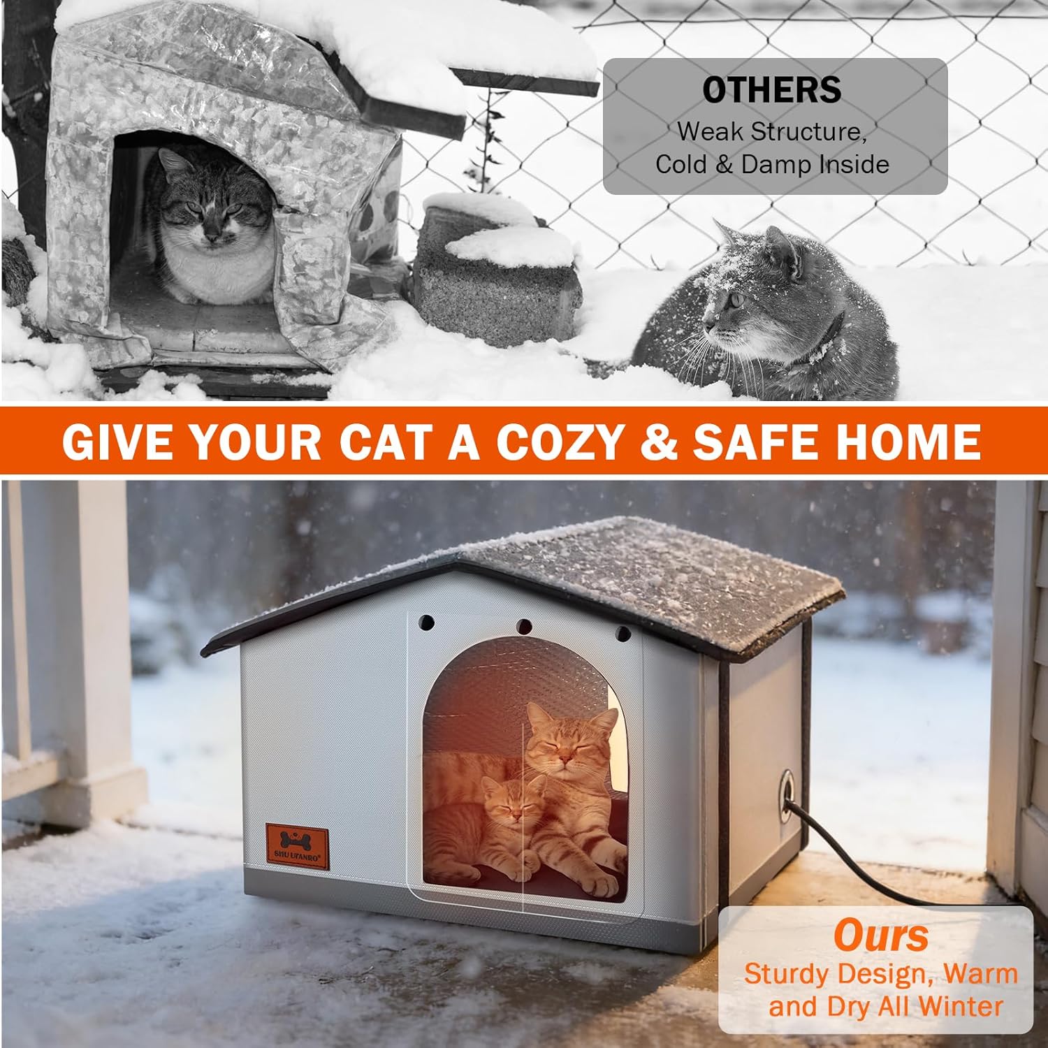 Insulated Heated Cat House Indoor/Outdoor, Weatherproof Cat House with Heated Pad for Winter, Outside Shelter for Feral Cats and Small Dogs (20x17x16)