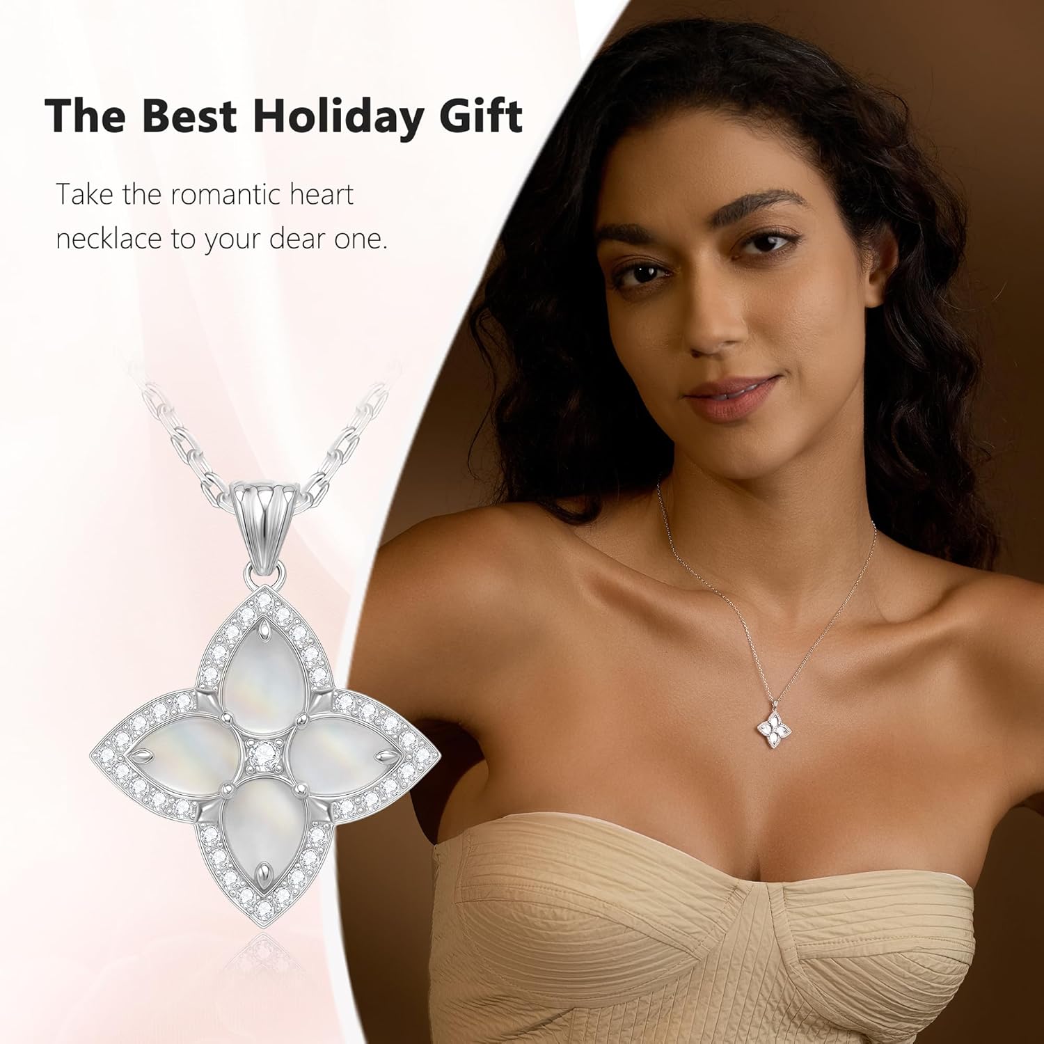 S925 Women's Sterling Silver Pendant Necklace - Classic Mother Pearl Four-Leaf Flower Necklace with Cubic Zircon, Hypoallergenic Fine Jewelry Gift - Image 4