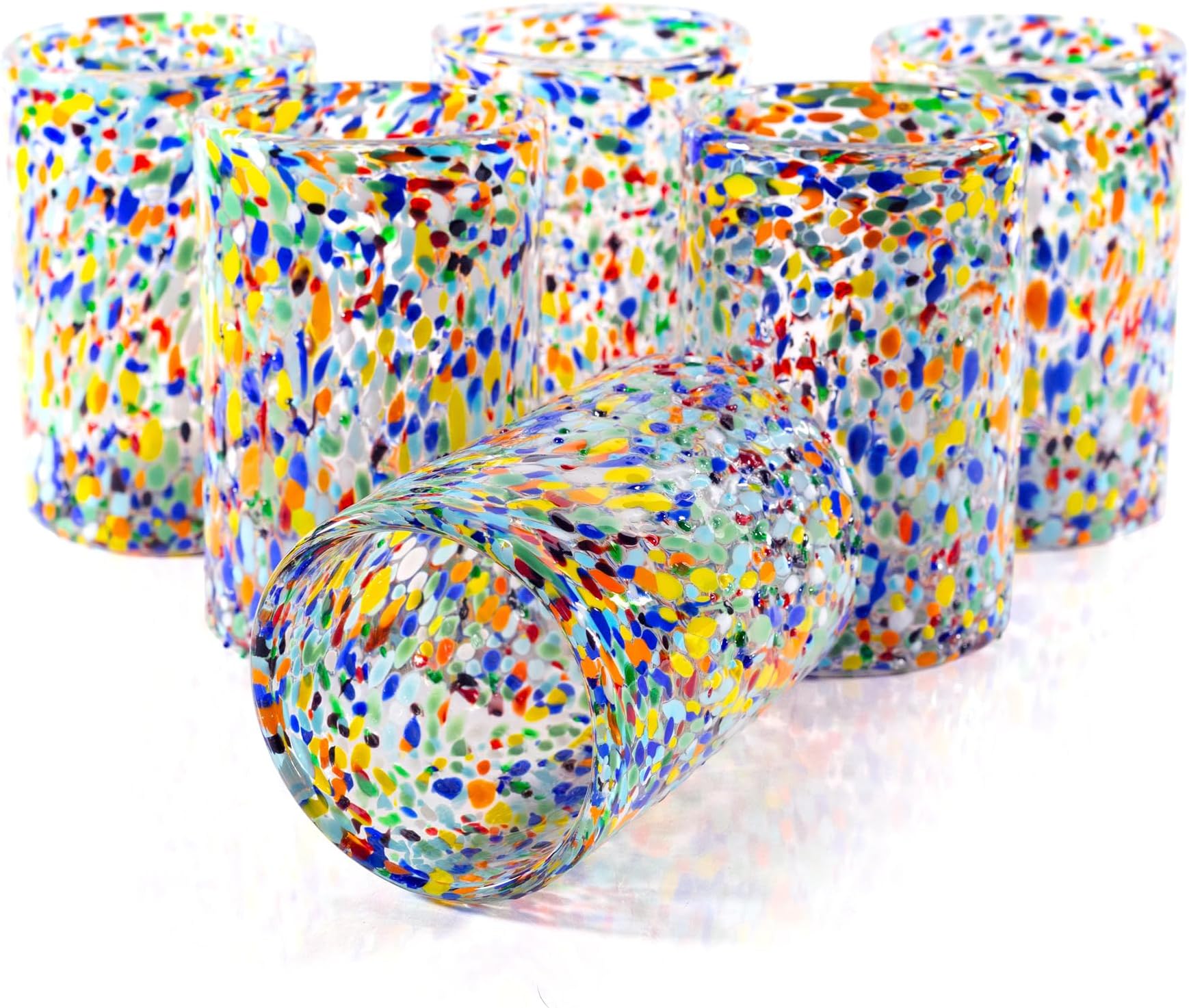 14 oz Highball Mexican Style Drinking Glasses, 6 Piece Set, Mexican Style Glassware Confetti Rock Multi Colored Custom Style Blown Glass Drinkware Set