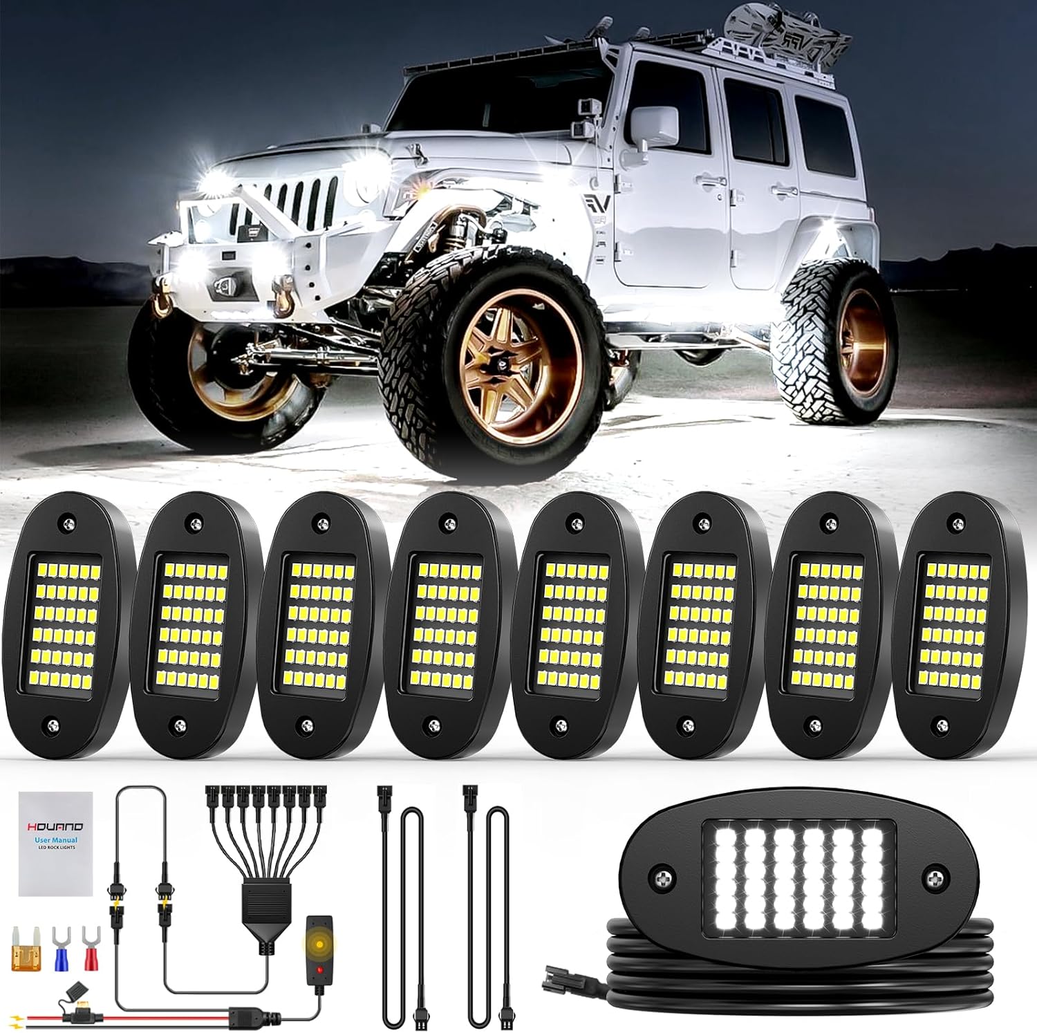 8 Pods White Rock Light Kit with Wired Switch - 6500K Pure White LED Underglow, IP68 Waterproof, Super Bright 36 LEDs for Trailer Off Road SUV UTV ATV RZR Car