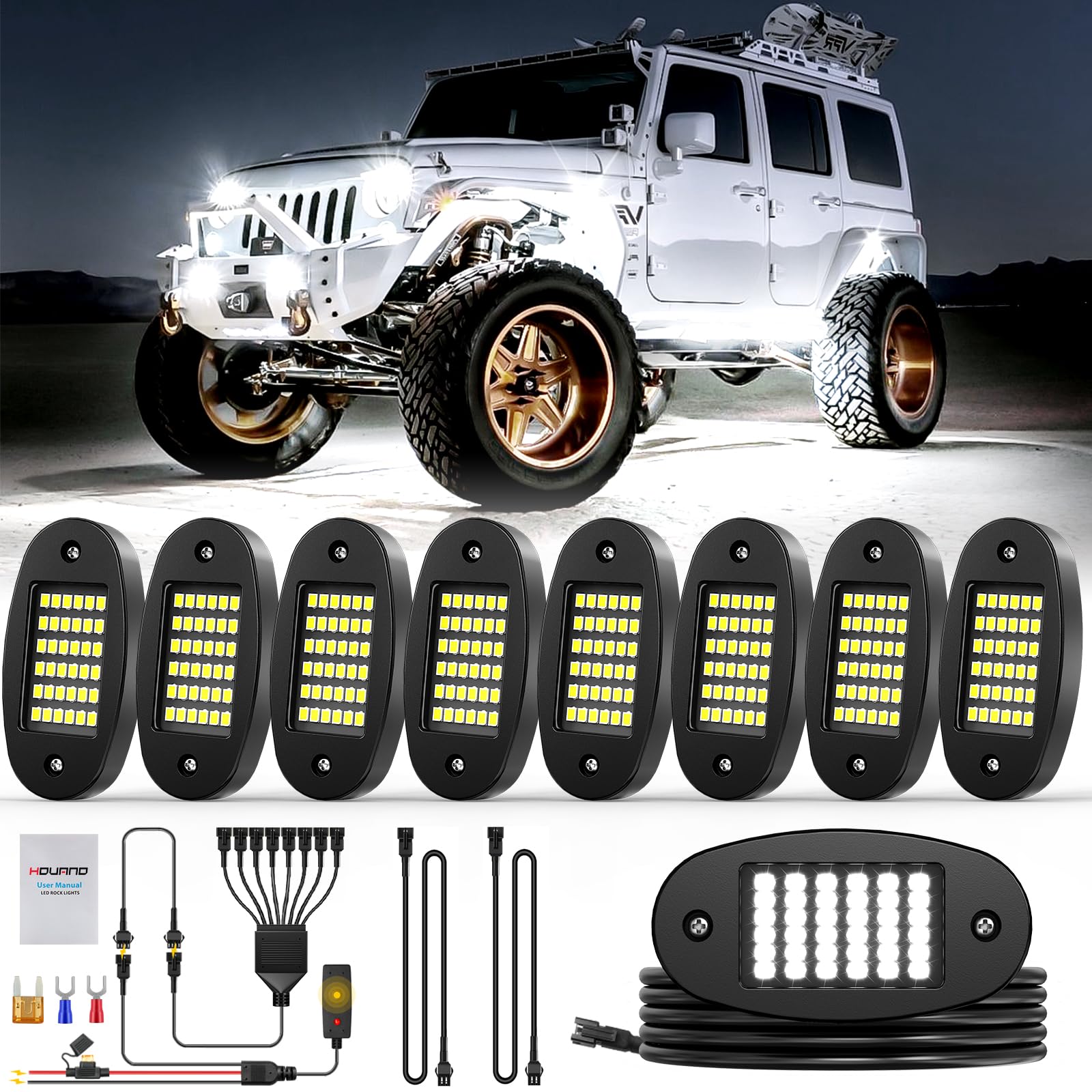 Hovano 8 Pods 6500K Pure White Rock Light Kit with Wired Switch