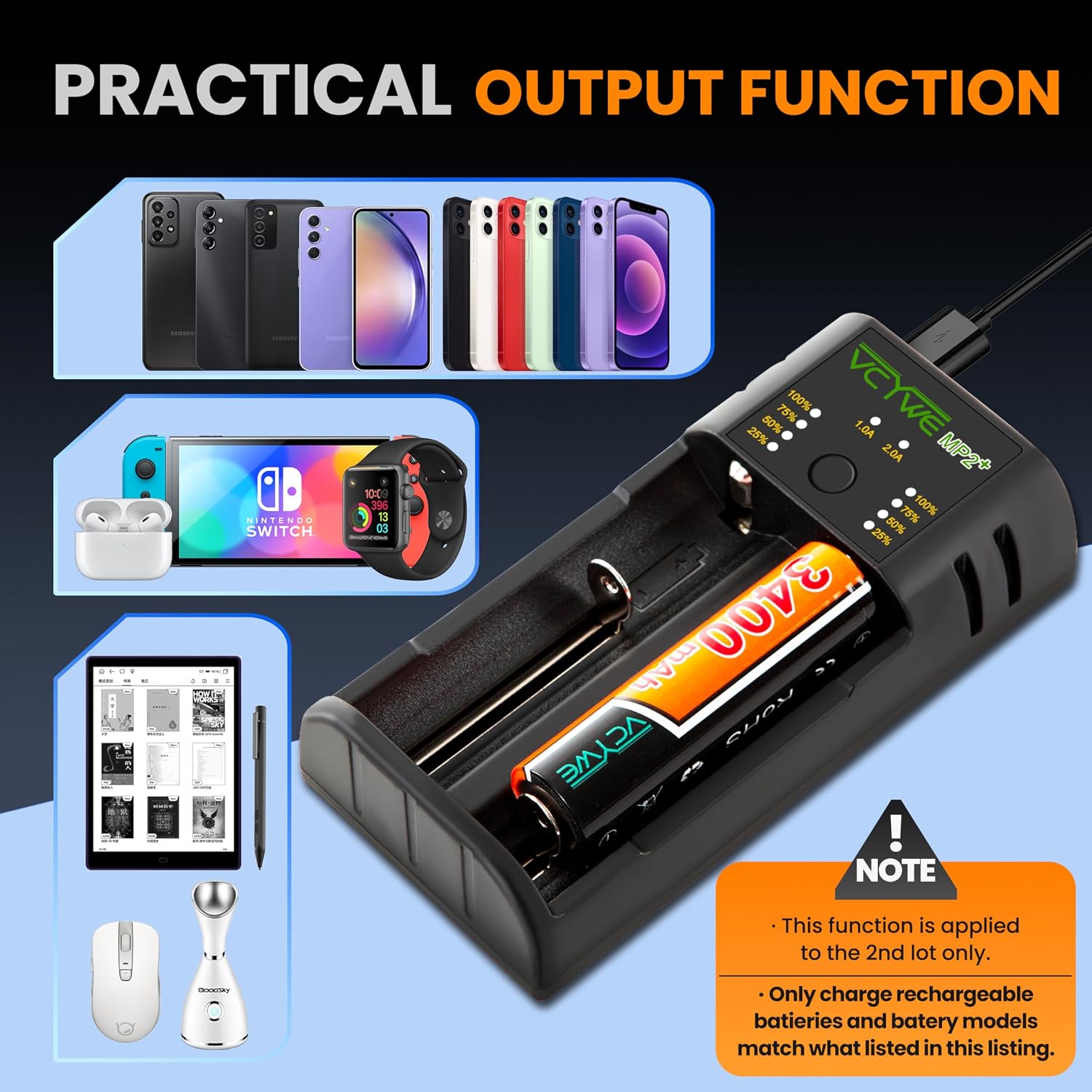 2 Slots Smart Charger Universal Intelligent LED Battery Charger 18650 Compatible with Most 3.6V/3.7V Li-Ion and Ni-MH Ni-Cd 1.2V A AA AAA C SC F6 Rechargeable Batteries Current 1.0A 2.0A Optional