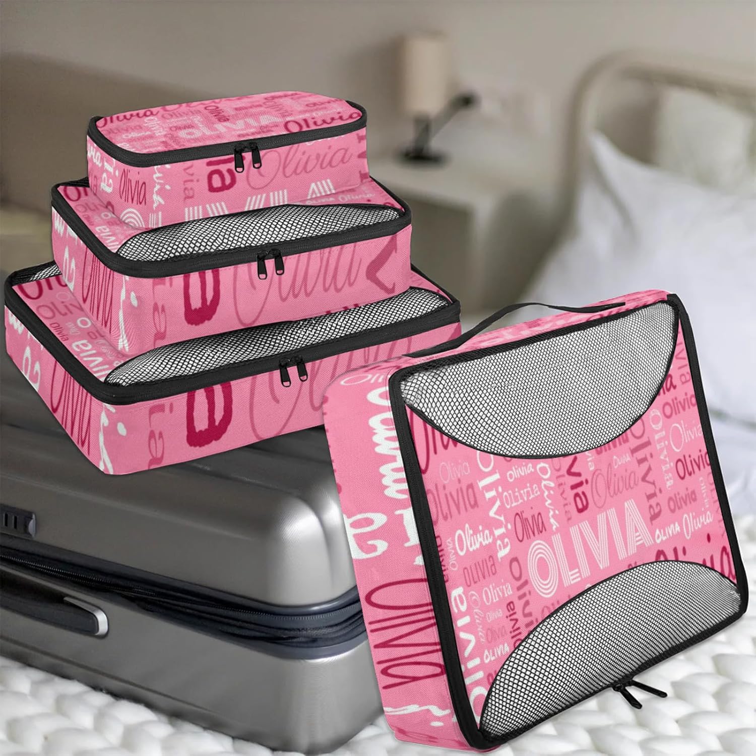 Personalized Packing Cube Set of 4 with Zipper, Custom Name Cubes Set for Women Grils, Travel Luggage Packing Organizers for Suitcases, Full screen Letters