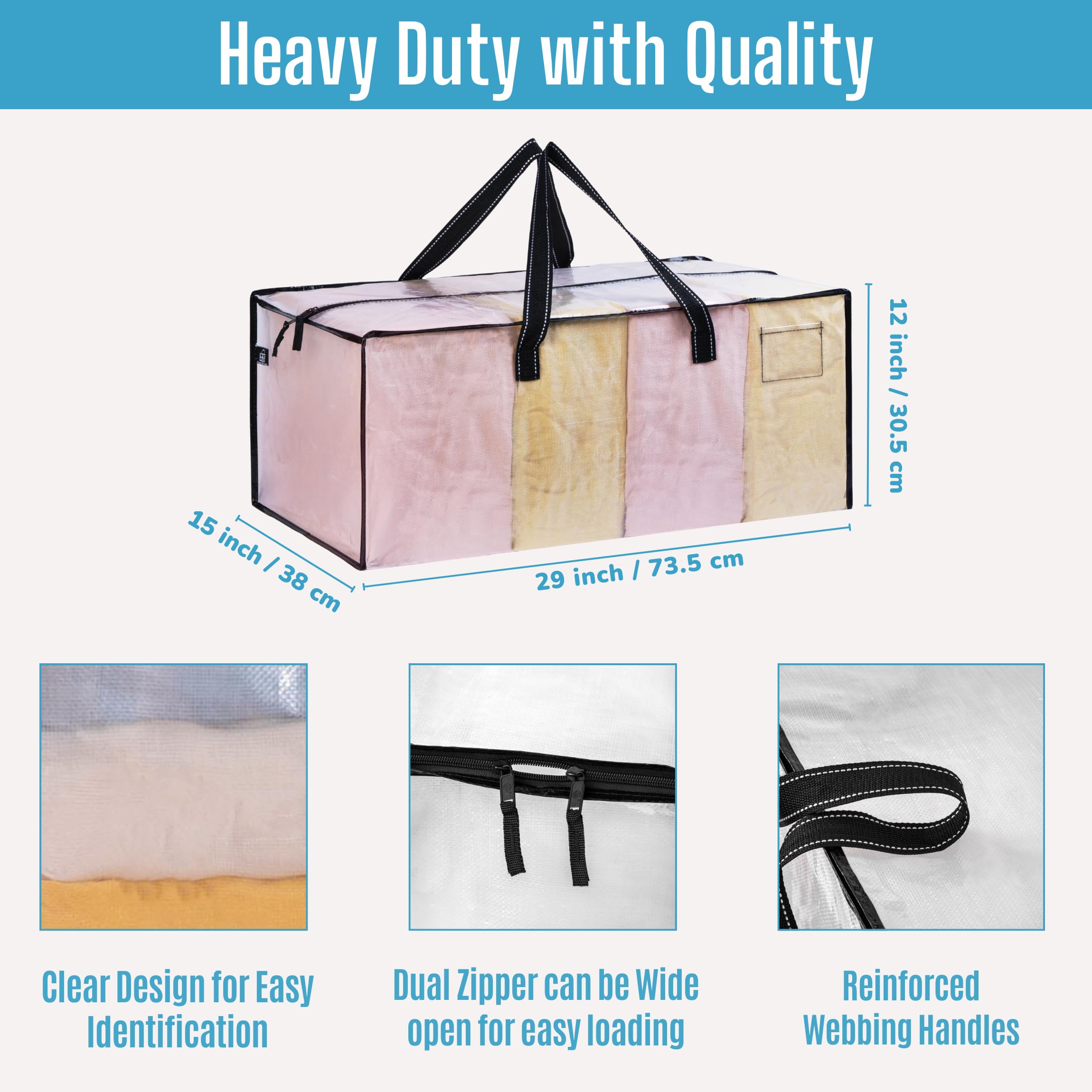 VENO 4 pezzi 87L Borse da trasloco grandi con manici e cerniere resistenti, Scatoloni per trasloco, borsa di stoccaggio dei vestiti Sacchi da biancheria per traslochi, viaggi (Trasparente, Set da 4)