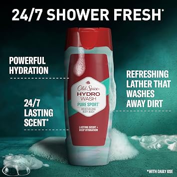 Old Spice Moisturizing Body Wash for Men, Hydro Wash, 2-in-1 Long Lasting Scent & Powerful Hydration to Fight Dry Skin, 24/7 Shower Fresh, Pure Sport Plus Scent, 16 oz