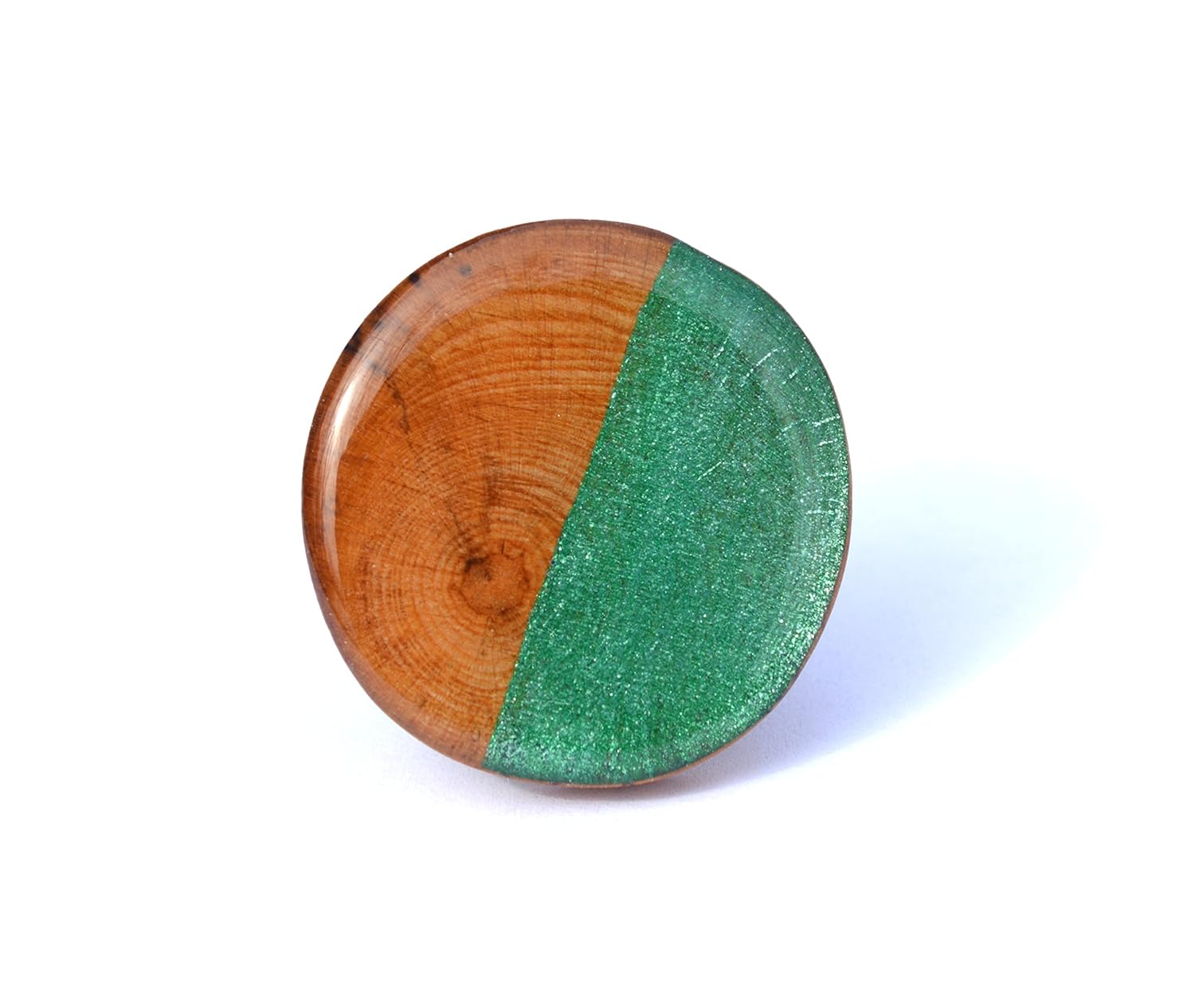 Emerald green and natural wood statement ring. Color block