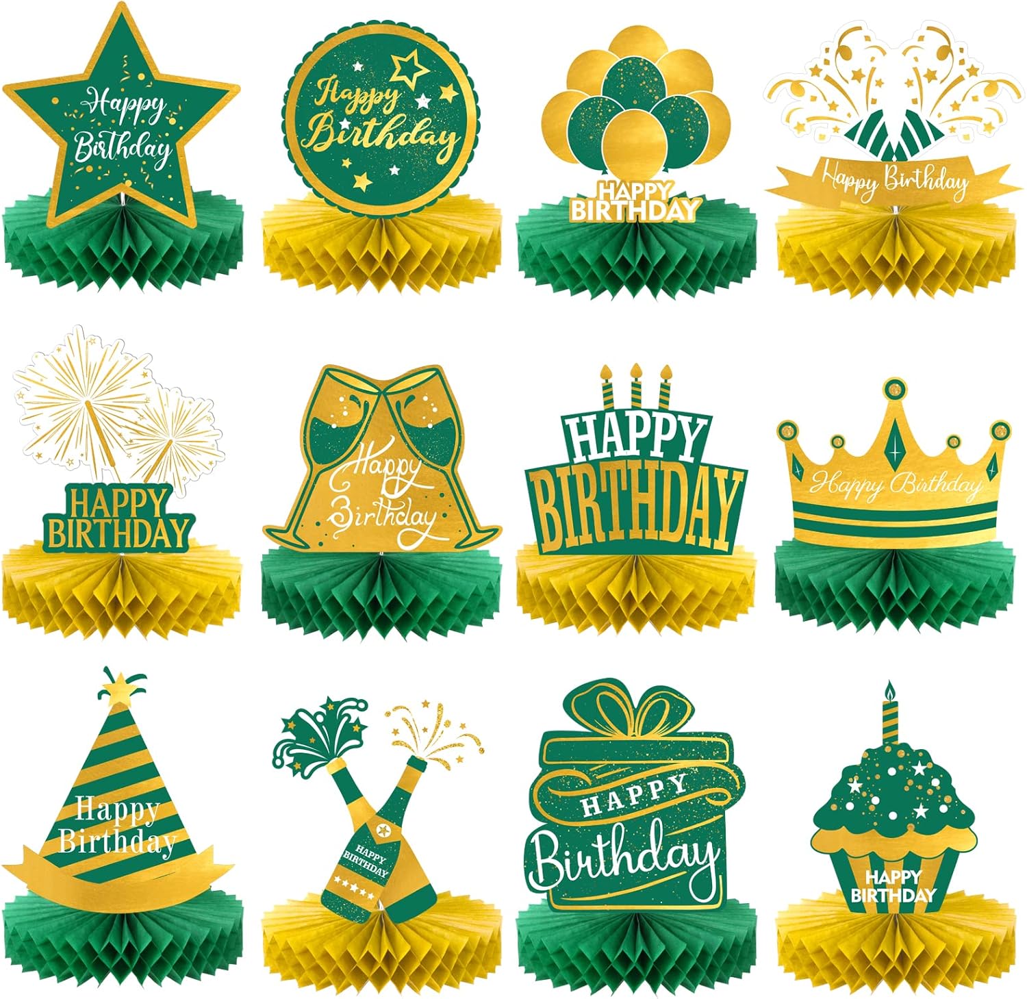 Sabary 12 Pcs Green and Gold Birthday Decorations Table Decoration Happy Birthday Desktop Decoration Honeycomb Centerpieces Party Balloon Crown Paper Table Decor Royal Centerpieces for Men Women Party