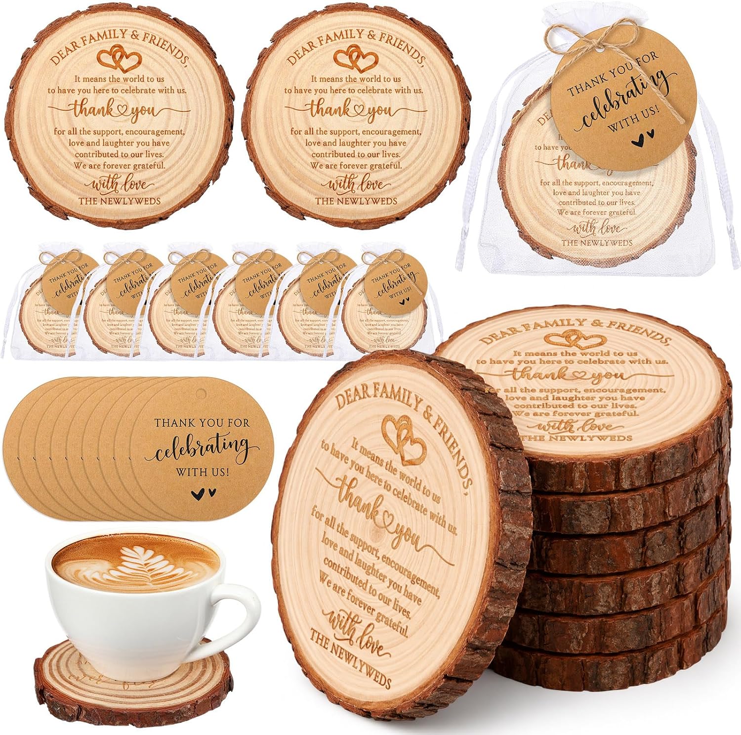 Gerrii 50 Sets Wedding Favors Gifts for Guests Natural Pine Wood Coasters Bulk Wedding Coasters with Bags Cards Thank You Gifts for Guest Bridal Shower Souvenir Party Supplies (Thank You)