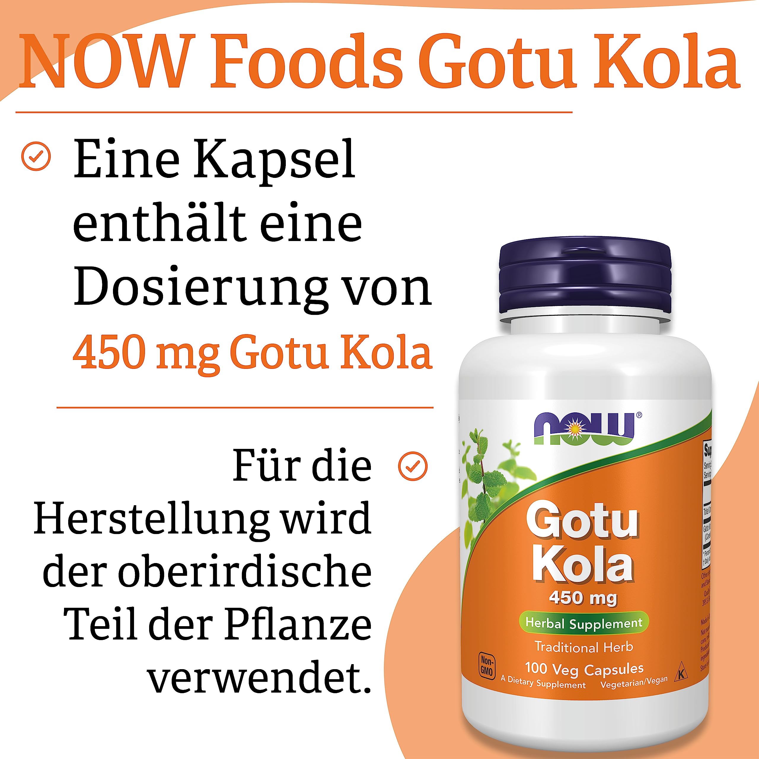 Now Foods, Gotu Kola, 450 mg, 100 vegane Kapseln, Laborgeprüft, Pflanzlich, Glutenfrei, Sojafrei, Vegetarisch