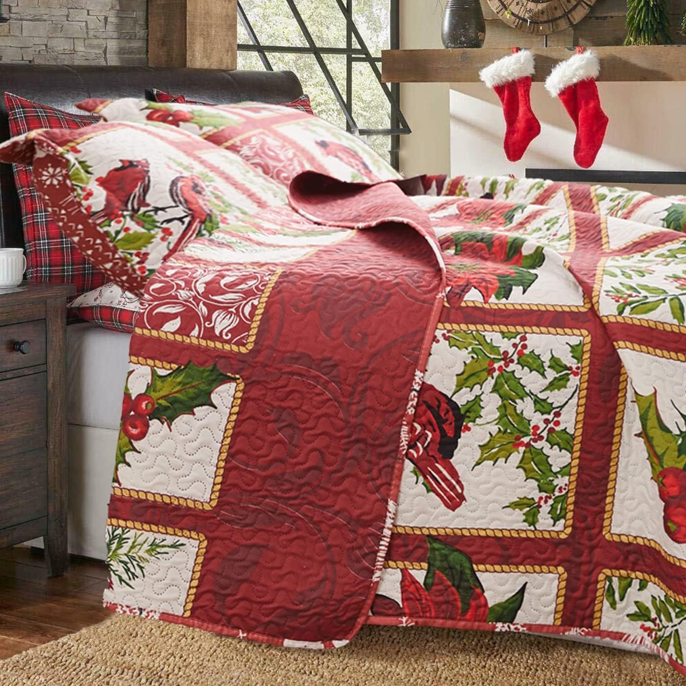 Christmas Bedding Set King Christmas Quilt Bedspread Red Floral Patchwork Reversible Quilt Holiday Xmas Bedding Lightweight Quilt Coverlet Poinsettia Flower Bird Christmas Home Decor