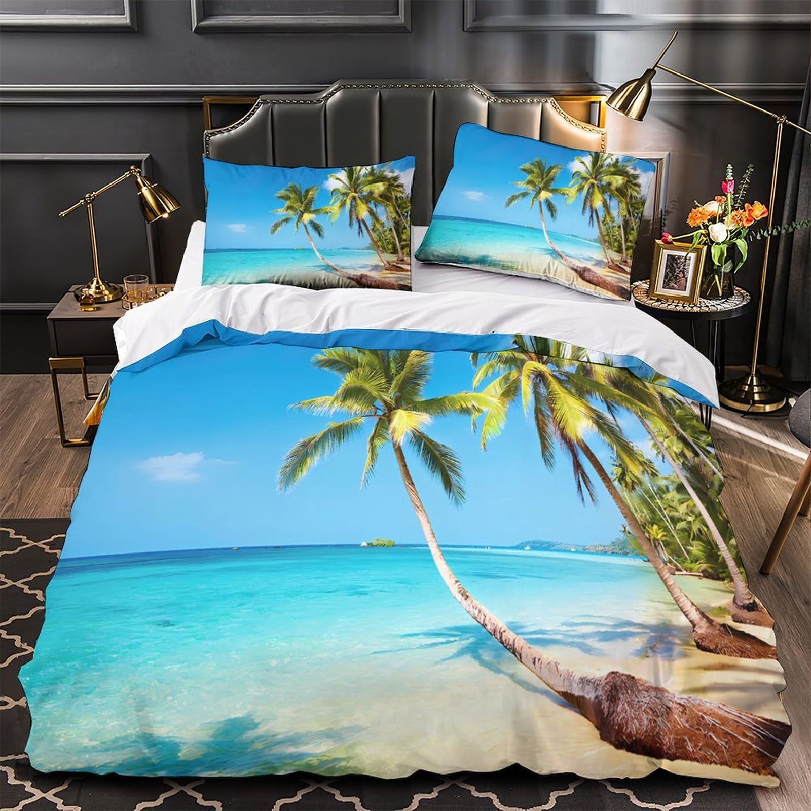 Scena di spiaggia tropicale copripiumino 3 Pezzi microfibra stampa di 3D con federa con federe Fuga di lusso sull'isola Set Di Copripiumino for coppie e adulti King（220x240cm）
