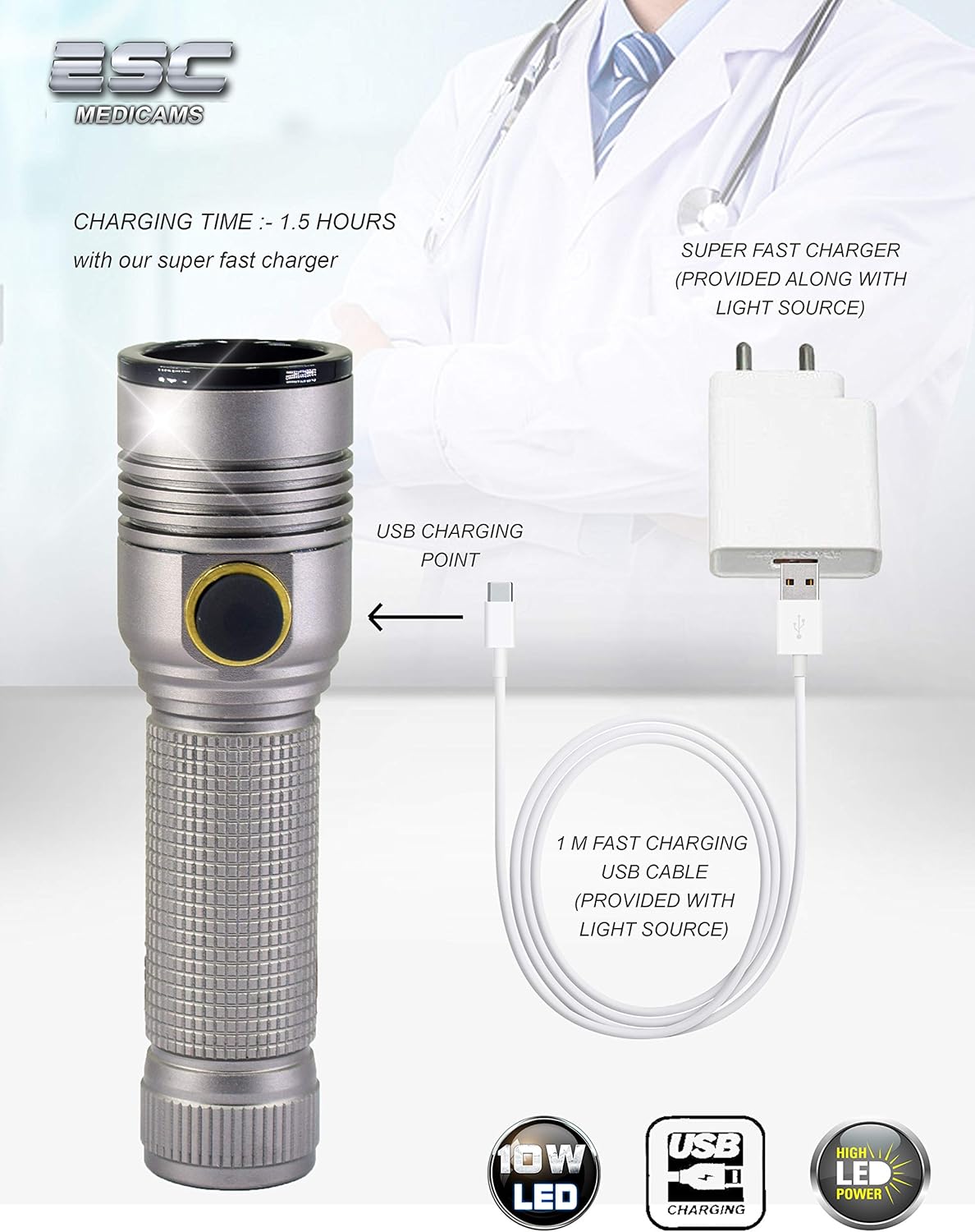 ESC Medicams Endoscopy Cold LED Light Source Portable Rigid ENT 10 Watt, USB Rechargeable (120.000)