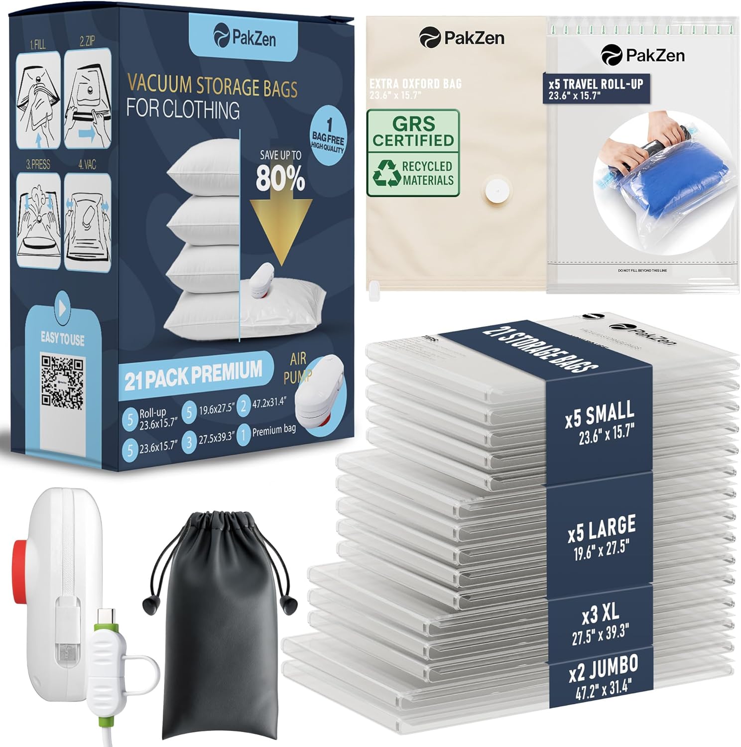 21-Pack Vacuum Seal Bags for Clothing Travel with Electric Pump (60 kPa USB-C/USB-A) – 9-Layer Space Saver Compression Bags for Luggage, Closet & Home Organization