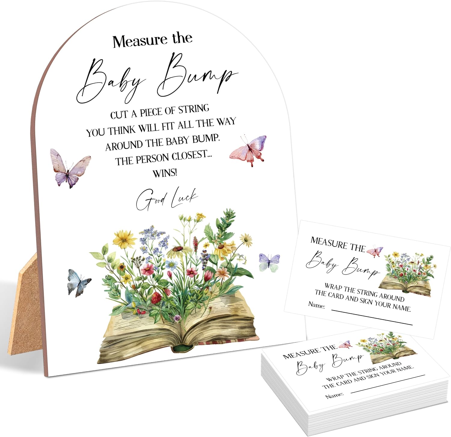 51 Pcs Storybook Measure The Baby Bump Game, Wildflower Butterfly Baby Shower Game, 6x8 Inch Arch Wooden Sign with Stand and 50 Guessing Cards, Gender Neutral Party Decoration - NG08
