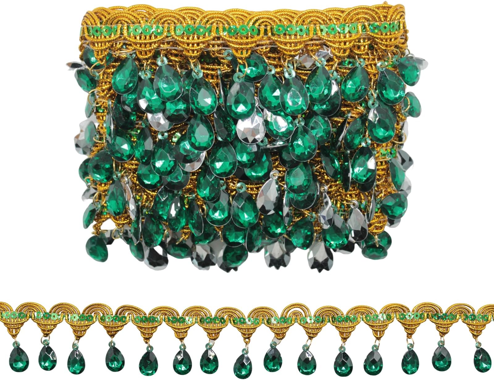 Yalulu 4.5 Yard Hanging Beads Fringe Lace Rhinestone Braided Ribbons Sewing Fringe Tassel Trim Apparel Trims DIY Craft Sewing Accessory (Green)