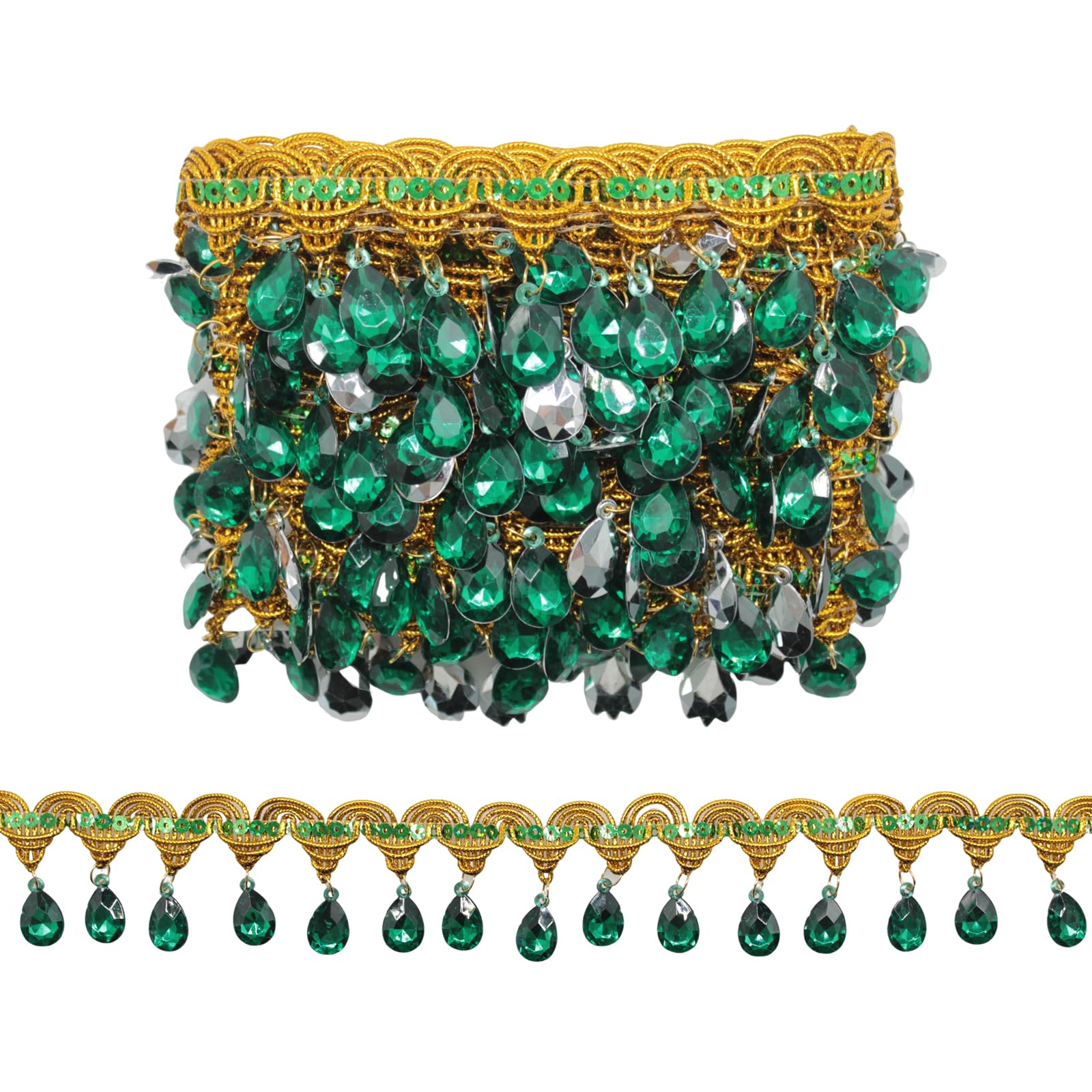 Yalulu 4.5 Yard Hanging Beads Fringe Lace Rhinestone Braided Ribbons Sewing Fringe Tassel Trim Apparel Trims DIY Craft Sewing Accessory (Green)