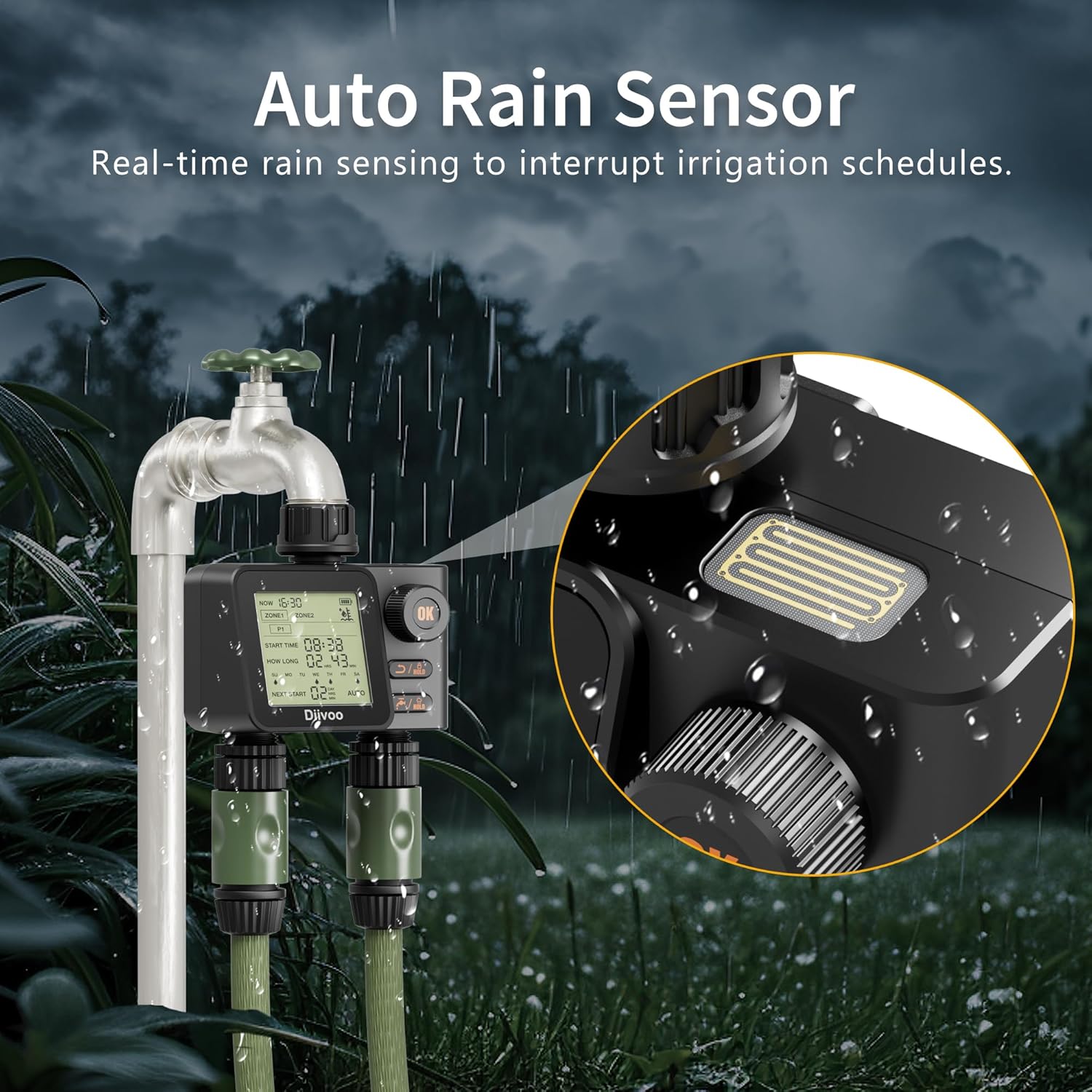 Diivoo Sprinkler Timer connected to faucet with rain sensor