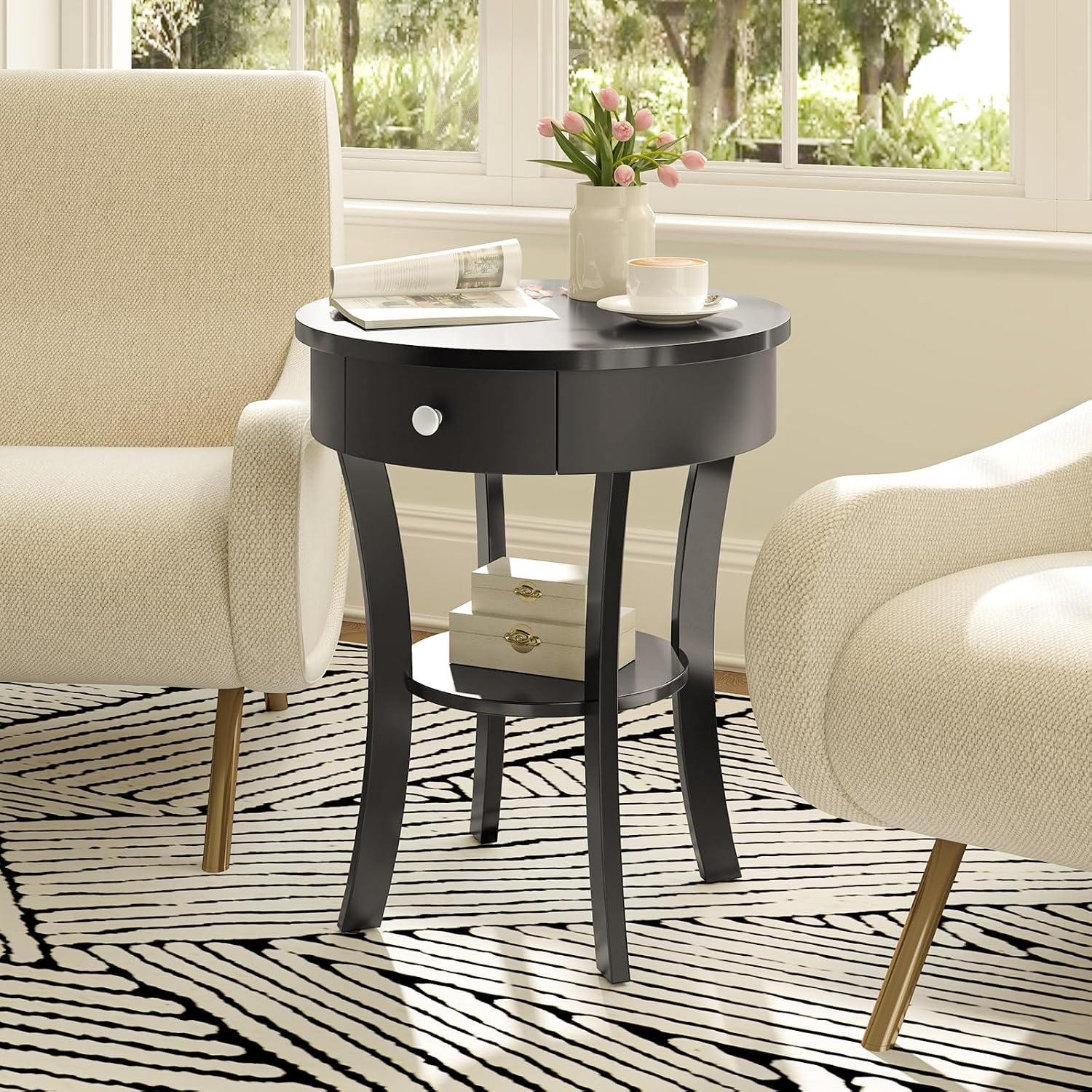 GOFLAME Round End Table, 2-Tier Sofa Side Table with Drawer, Solid Wood Legs, Open Storage Shelf, Vintage Accent Table, Display Table, Compact Nightstand for Living Room, Black