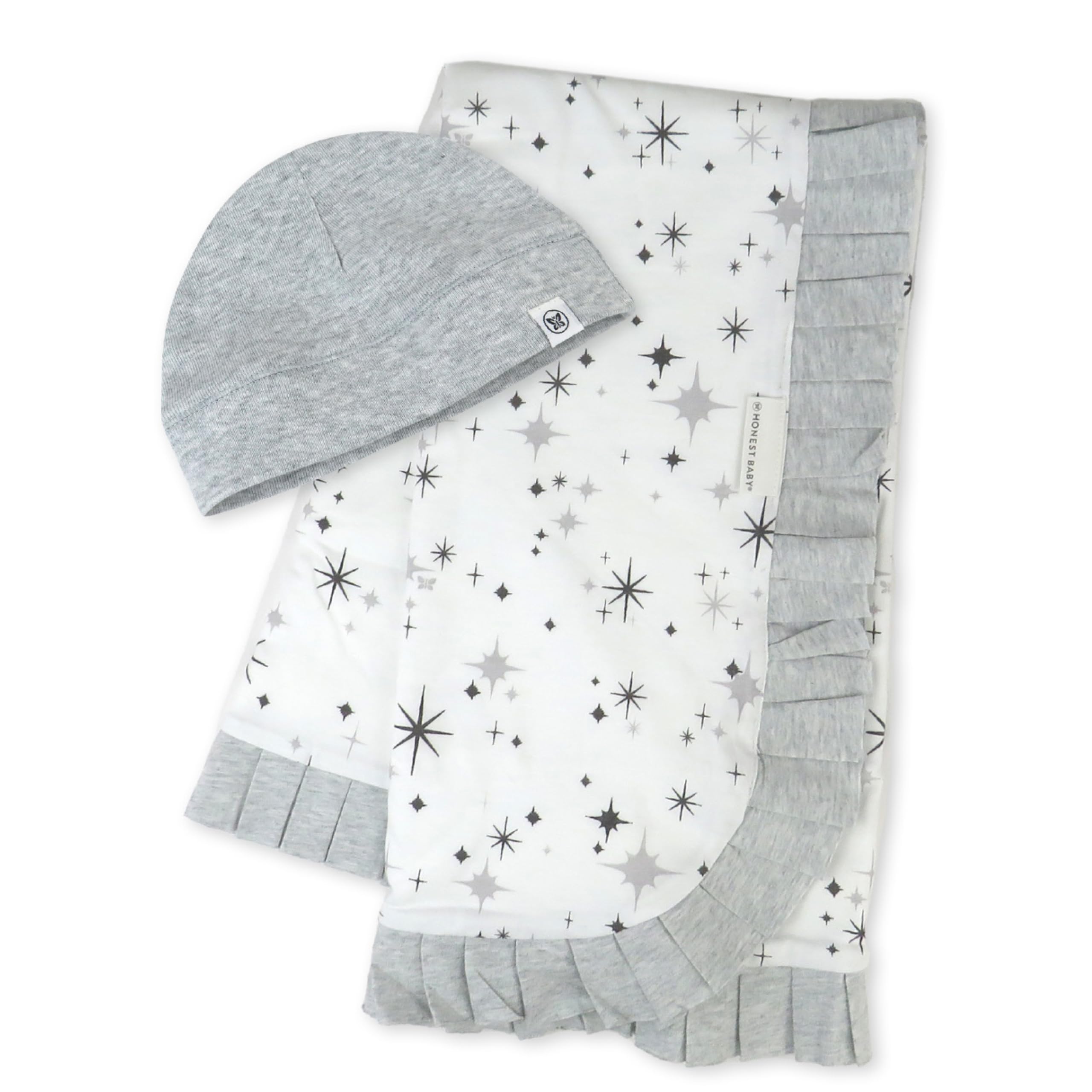 HonestBaby Knit Stroller Blanket with Trim Detail and Baby Hat 100% Organic Cotton for Infant Boys, Girls, Twinkle Star Gray (2-Pack), One Size