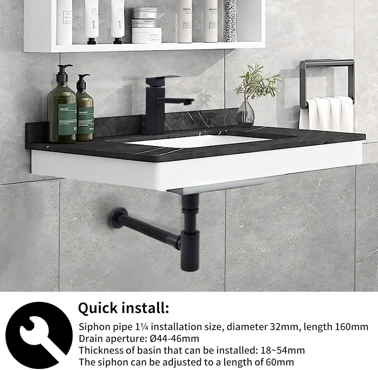 HOMELODY Sifone di design con valvola pop-up per lavandino, nero opaco, sifone universale in ottone, tappo per lavandino, antiodore con apertura di pulizia