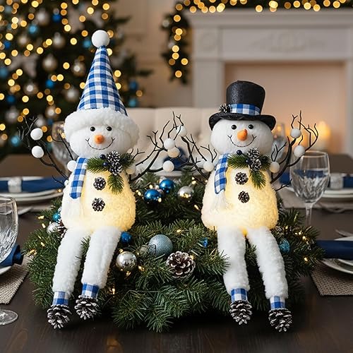 Miniatura 6 de Paquete de 2 decoraciones de mesa de Navidad, muñecos de nieve de felpa iluminados de 18 pulgadas con ramitas de cono de pino, regalo de vacaciones