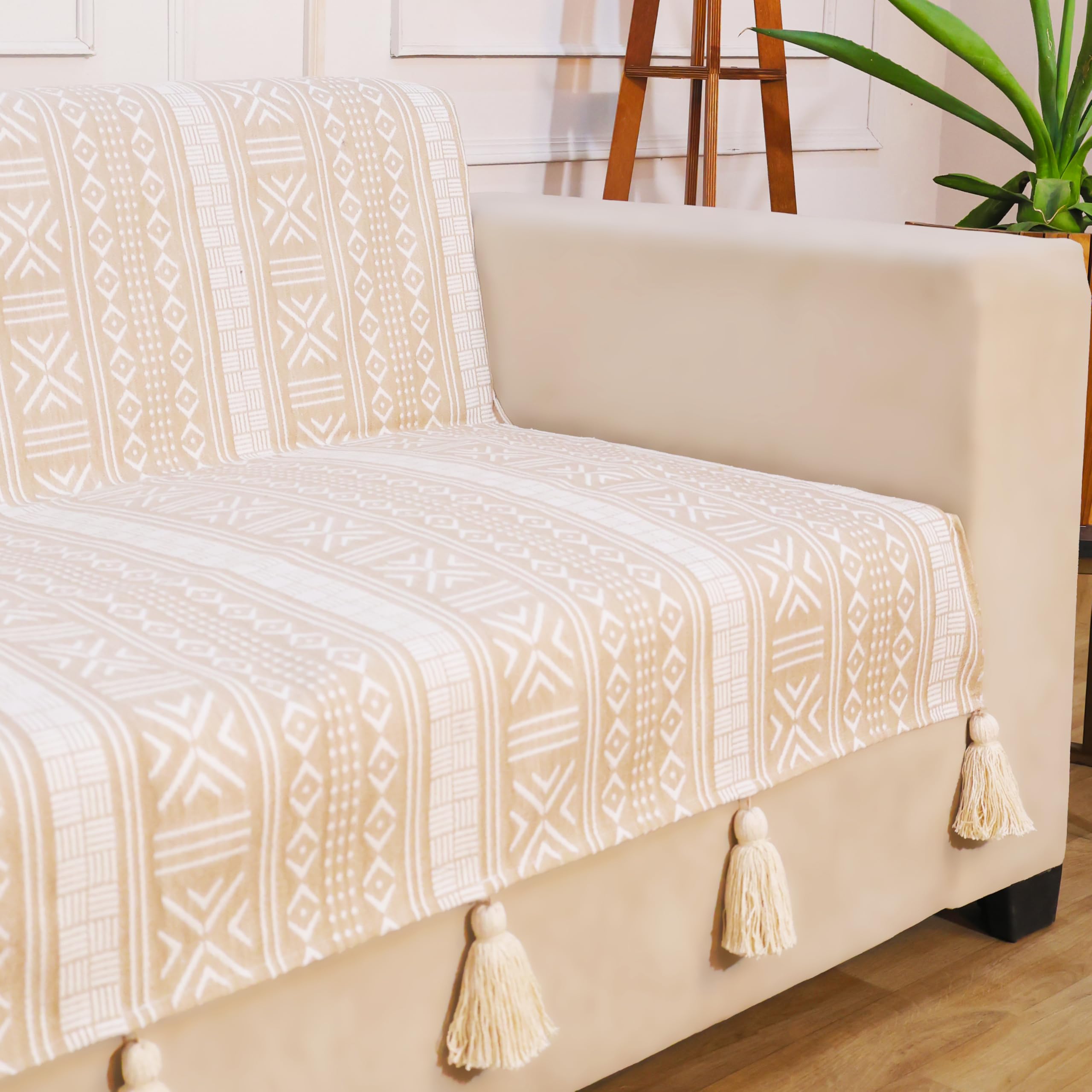 STITCHNEST 'Verdant Bohemian Stories' 3 Seater Sofa Cover – Full Coverage| Elegant Jacquard Fabric, Decorative Tassels, Washable & Durable for Modern Living