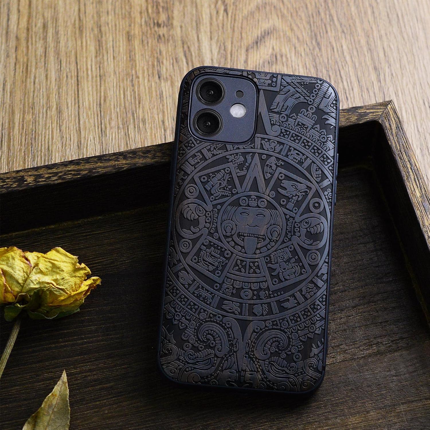 Carveit Magnetic Wood Case for iPhone 12 Case [Natural Wood & Black Soft TPU] Shockproof Protective Unique & Classy Wooden Cover Compatible with MagSafe (Mayan Symbols -Blackwood)