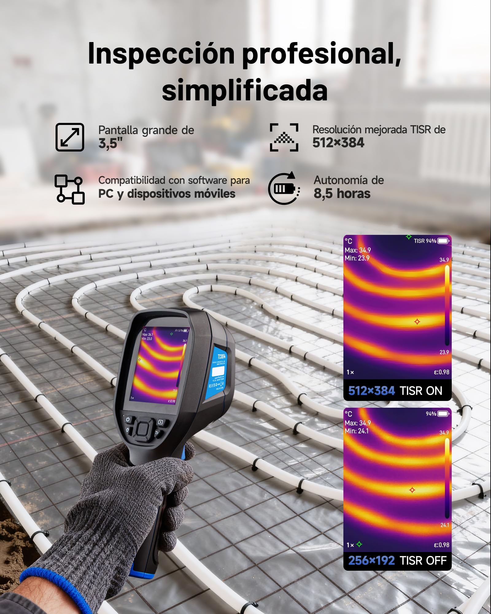 TOPDON Cámara Termografica TC004 con 512x384 Resolución TISR, 64GB Almacenamiento, 3,5″ Pantalla Camara Termica con Wifi, Grabación de Vídeo, Análisis de PC, para Inspección Eléctrica/Climatización