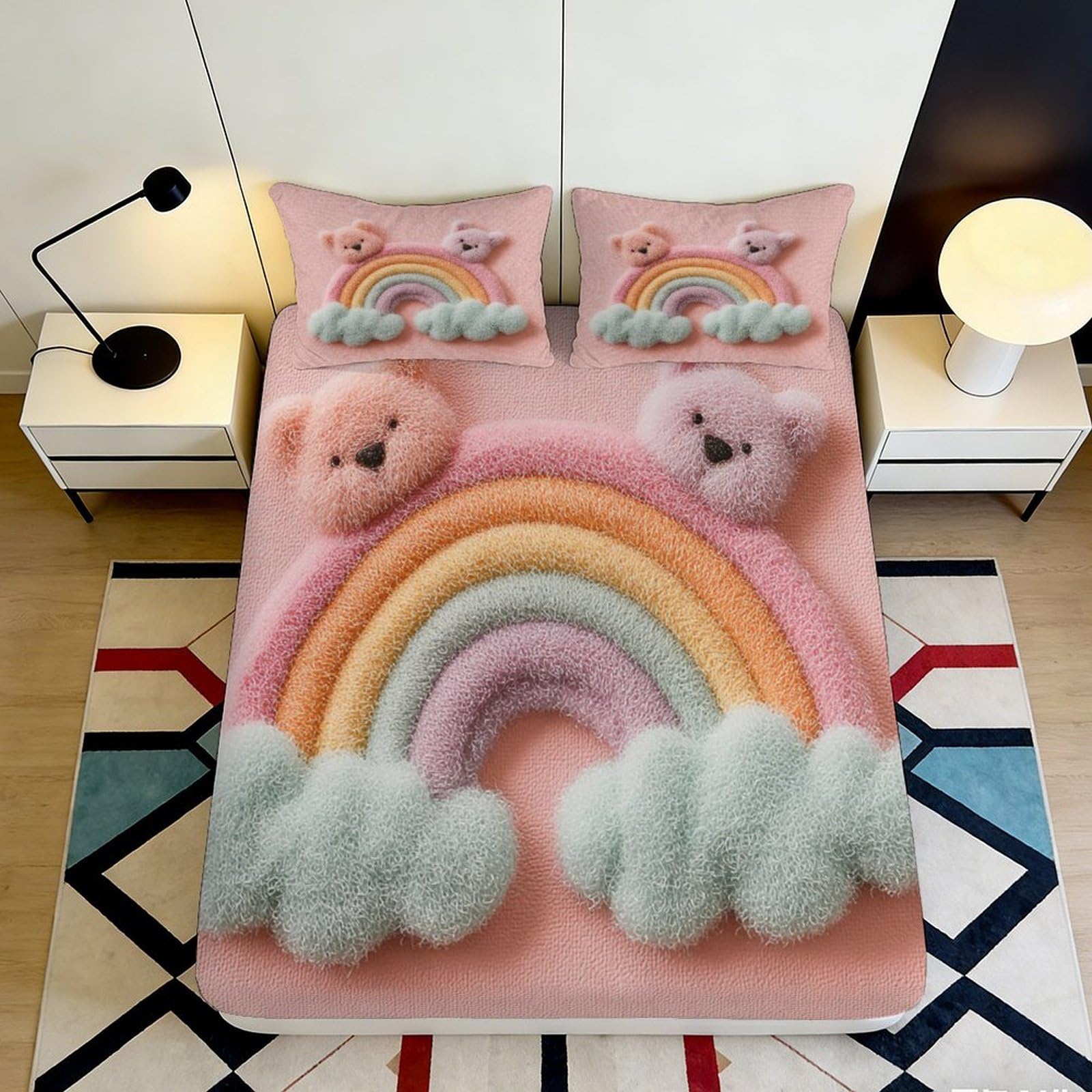 3D Printed Rainbow Bear Fitted Sheet Microfiber Soft Pastel Clouds Bed Cover for Bedroom Dorm Mattress Decor 90x200x25cm