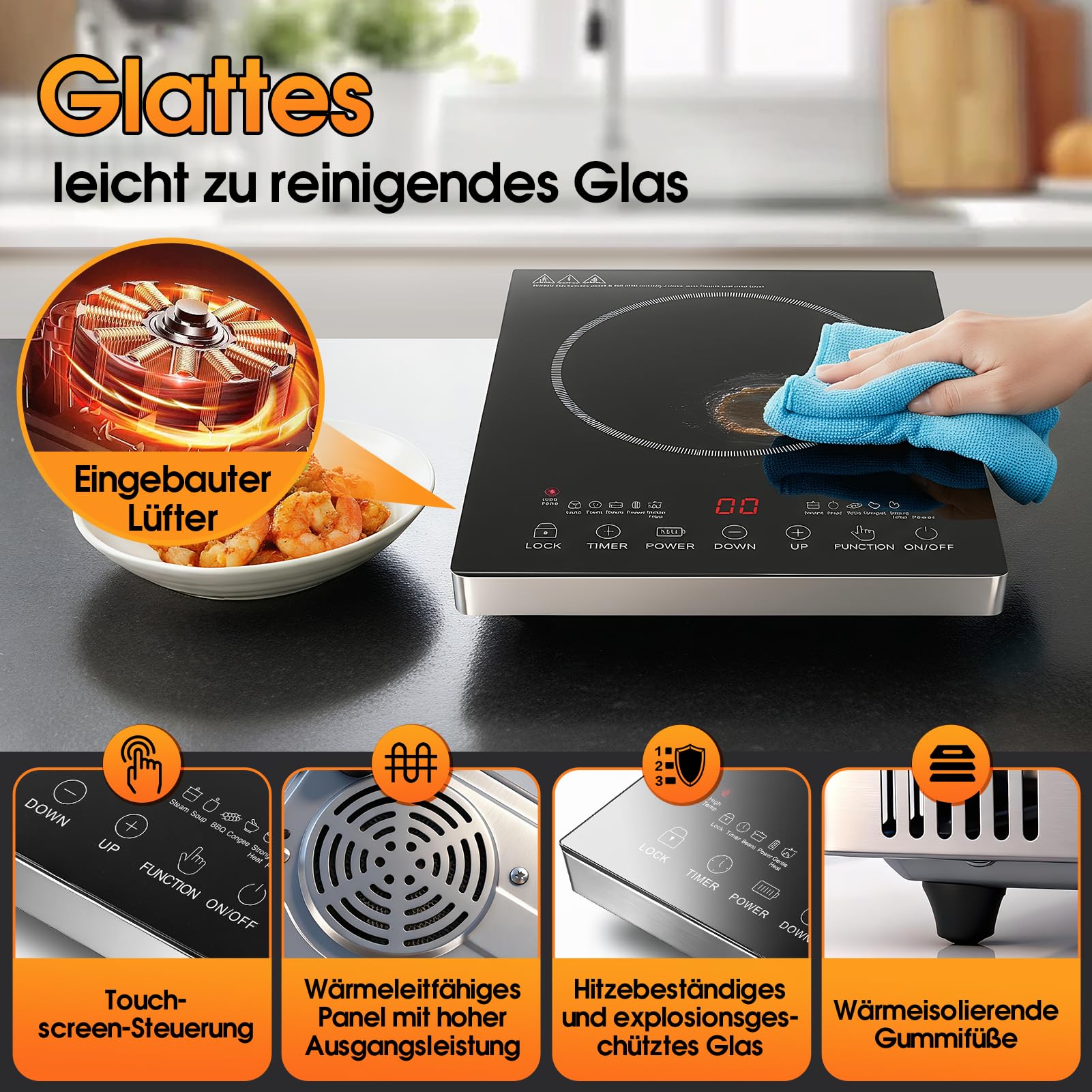 3500W Infrarot Elektro Kochplatte, Touch Steuerung mit 0-3H Timer, 4 Kochprogramme, Hitzebeständige Glasoberfläche Herdplatte Heizplatte für Küche Camping Außenbereich