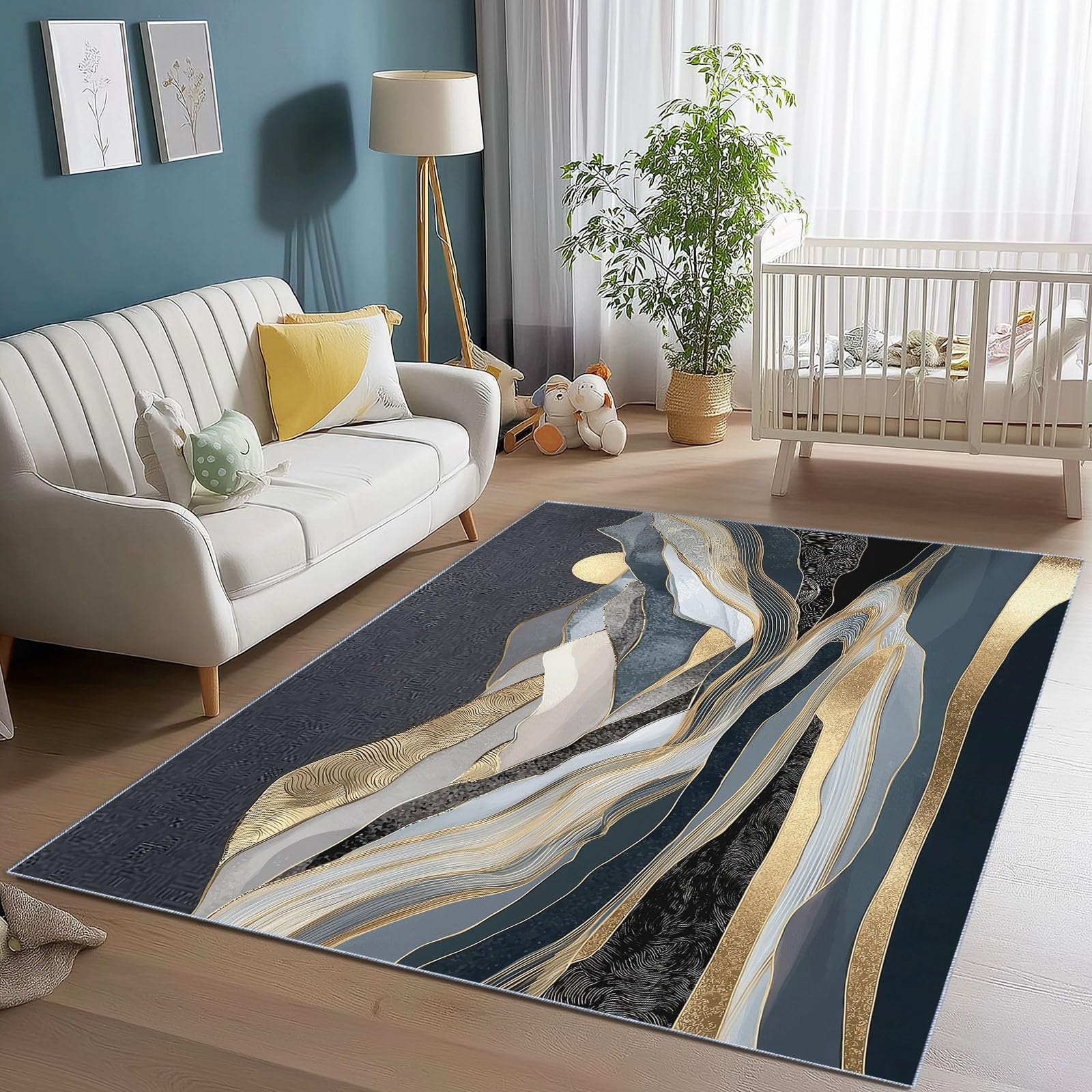 Tapis de salon lavable et antidérapant avec motif abstrait montagnes dorées 65 x 240 cm