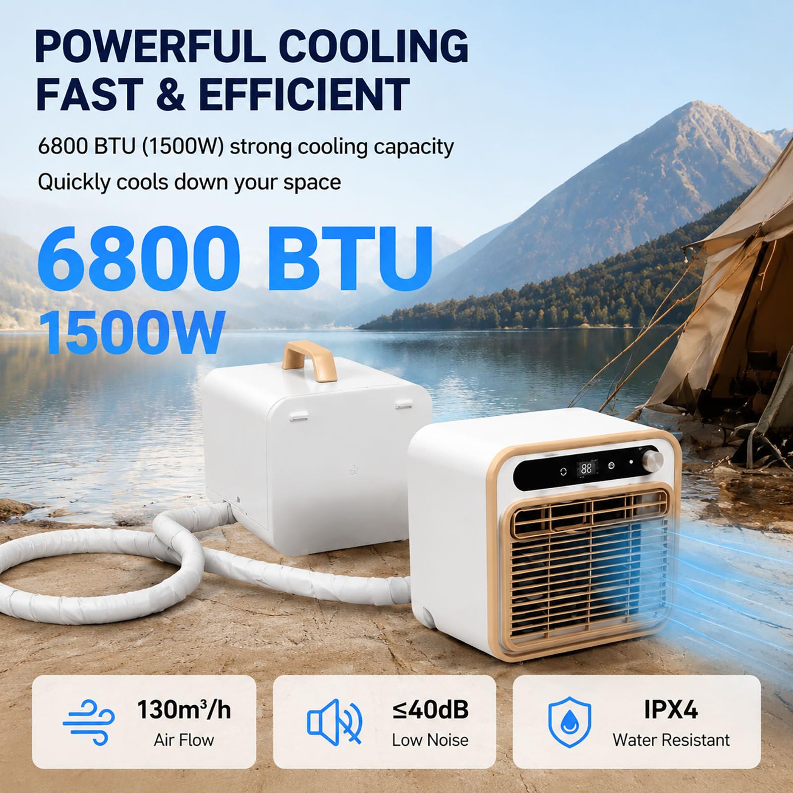 Condizionatore Portatile Split da 6800 BTU, climatizzatore Mobile Compatto con unità Esterna, Portata d'Aria di 130 m³/h, Telecomando; Ideale per Campeggio, roulotte, casa e Ufficio.