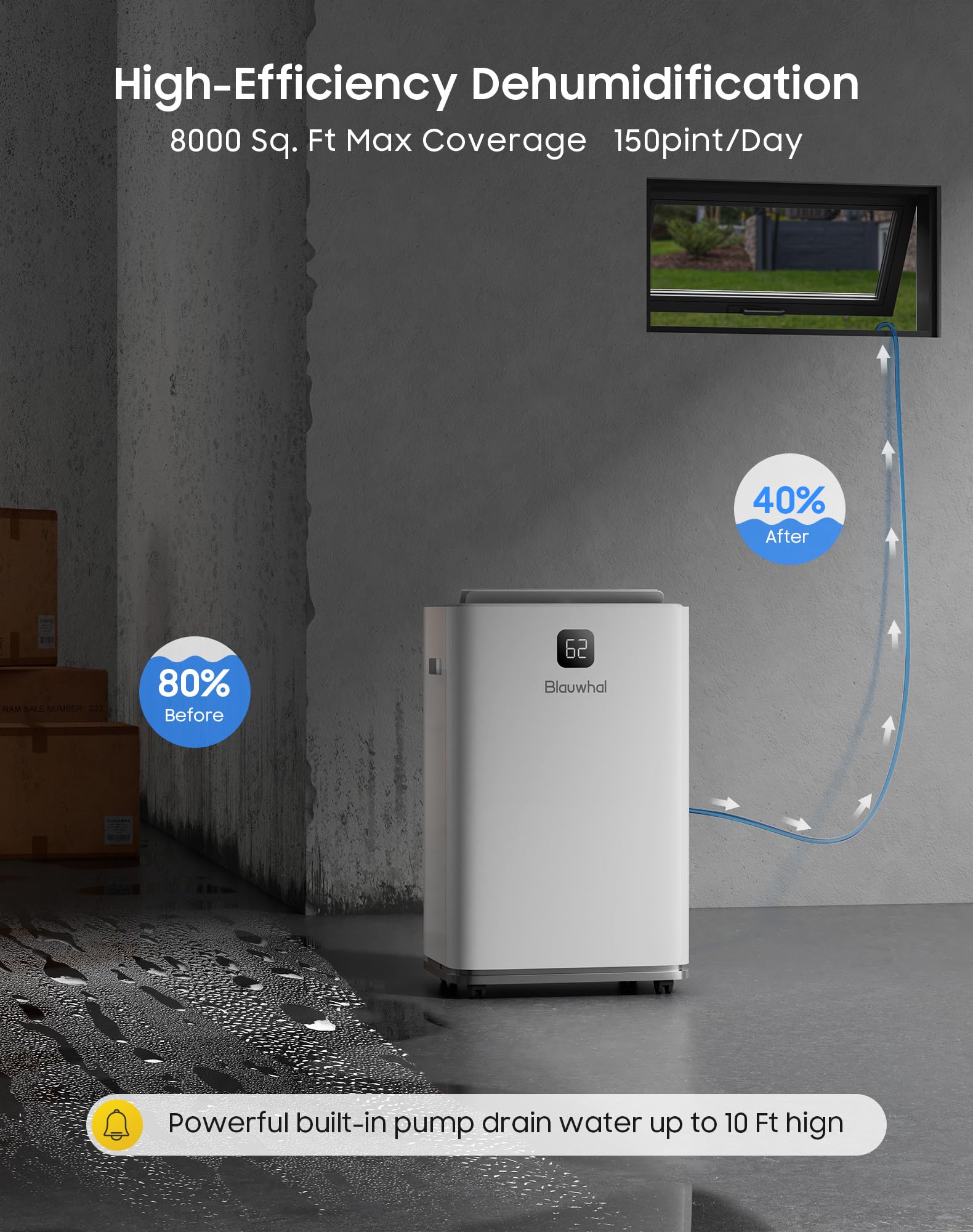Dehumidifier with Pump for Basement Home Dehumidifiers with Drain Hose for Commercial and Industrial 150 Pint Max for 8000 Sq ft Storages, Warehouses, Auto Defrost,Child Lock,3 Modes,Timer (150 pint)