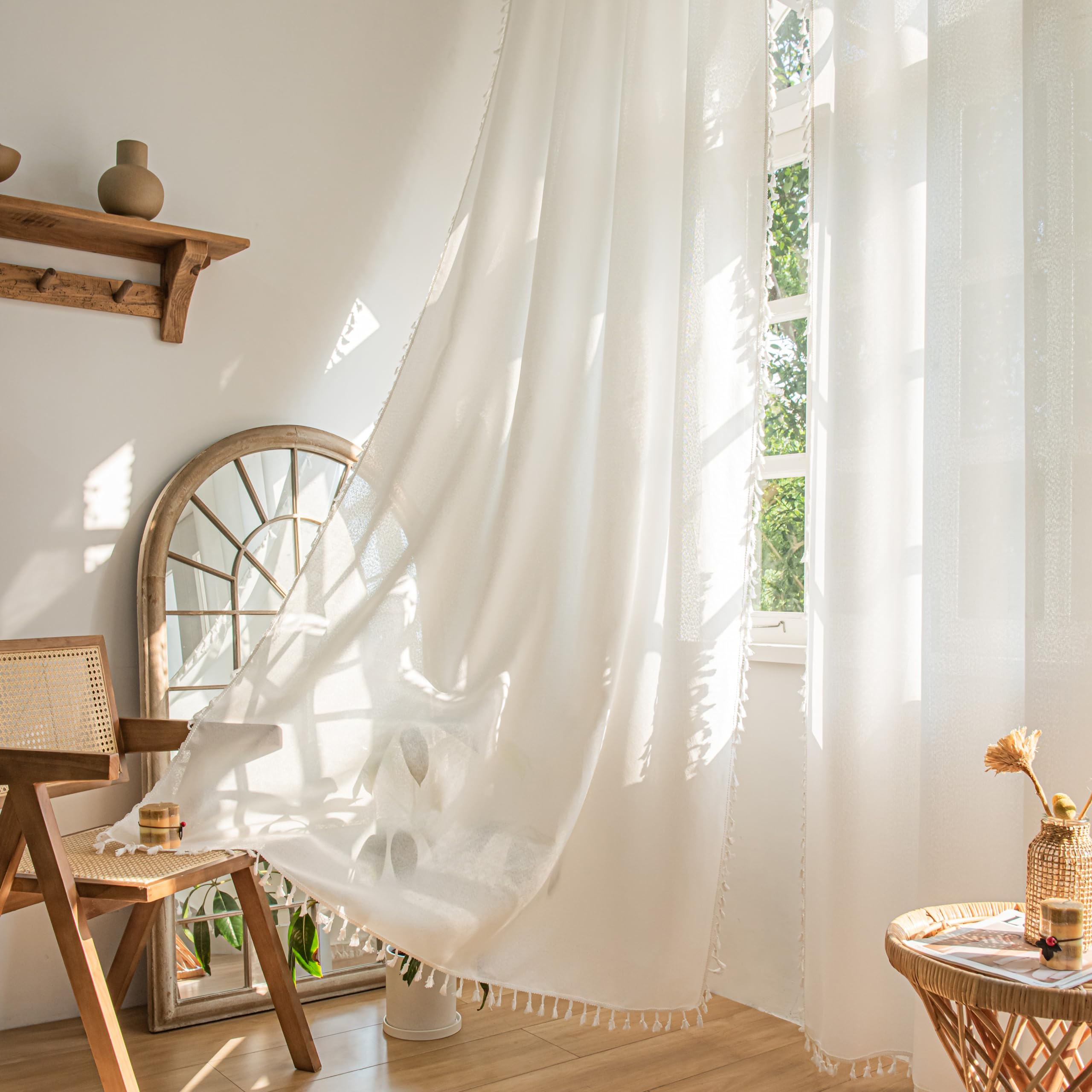 Sutuo Home Boho Curtains 96 Inches Long, Bohemian Linen Style Textured Curtains with Tassels for Bedroom, Semi Blackout Farmhouse Drapes, Rod Pocket Window Treatments 2 Panels, 52" x 96", White