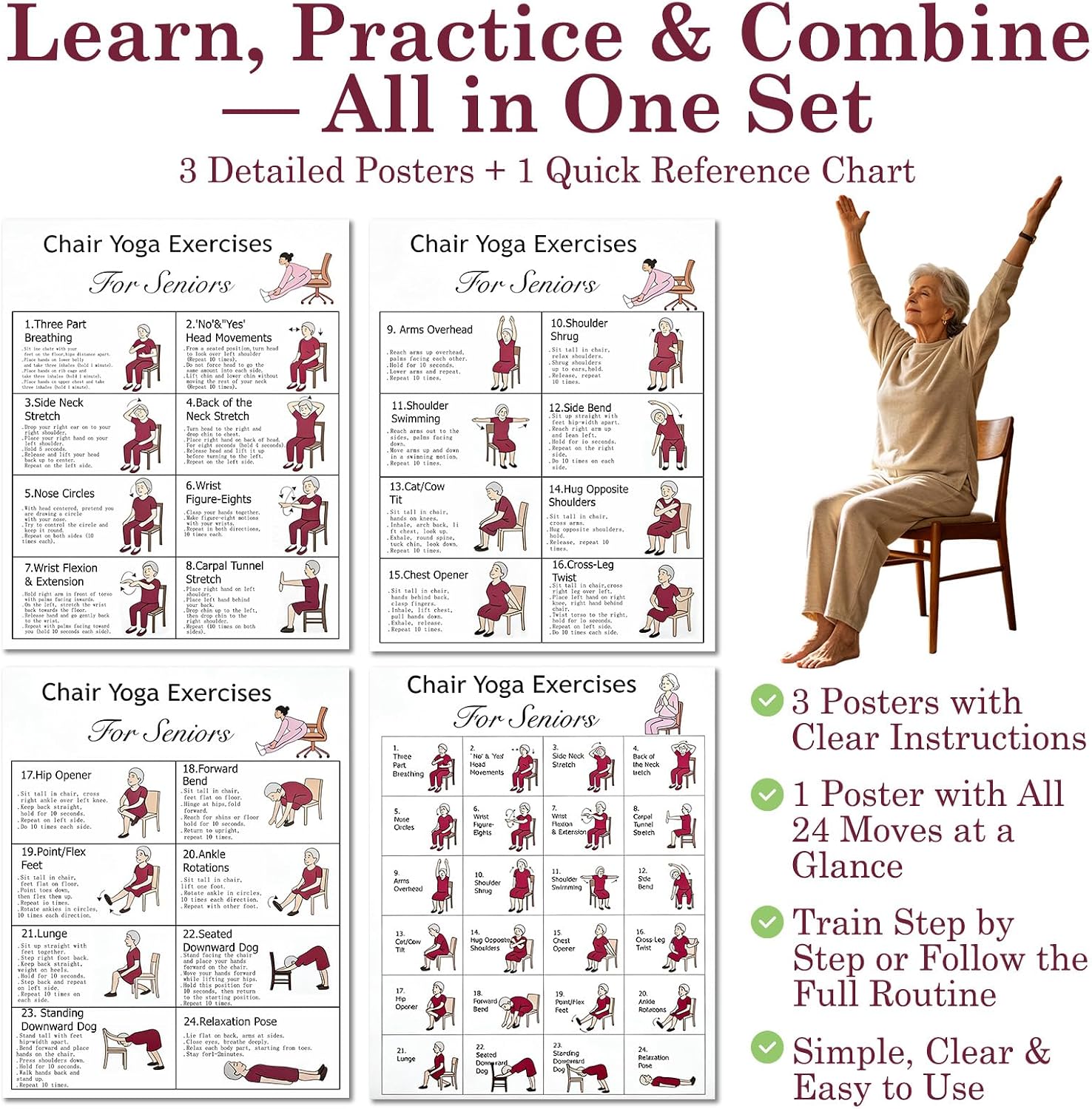 Chair Yoga Exercises Poster Set of 4 for Seniors, Chair Yoga Chart with Seated Yoga Poses, Gentle Exercise Guide for Seniors Over 60, Easy At Home Workout Wall Art, 10 x 8 Inches