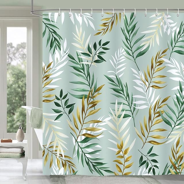 Bonhause Green Leaves Shower Curtain 180 x 180 cm Leaf Plant Bathroom Curtain Waterproof Mildew & Mould Resistant Polyester Fabric Bath Curtain with 12 Hooks